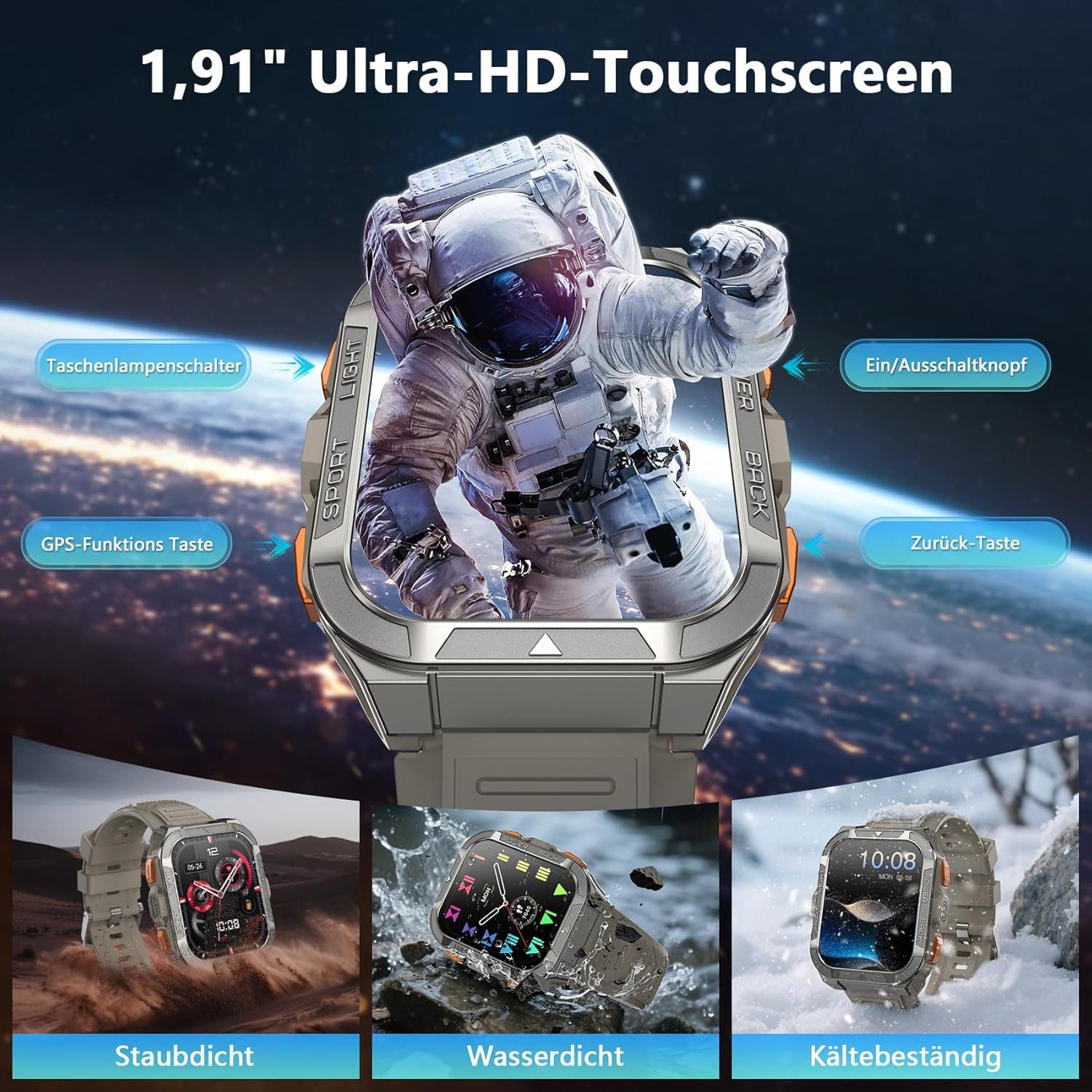 blackview Smartwatch Herren, 1.91" Outdooruhr Militär 20 Tage,GPS, Kompass, IP68 Smartwatch (1.91 Zoll, iOS/Android)
