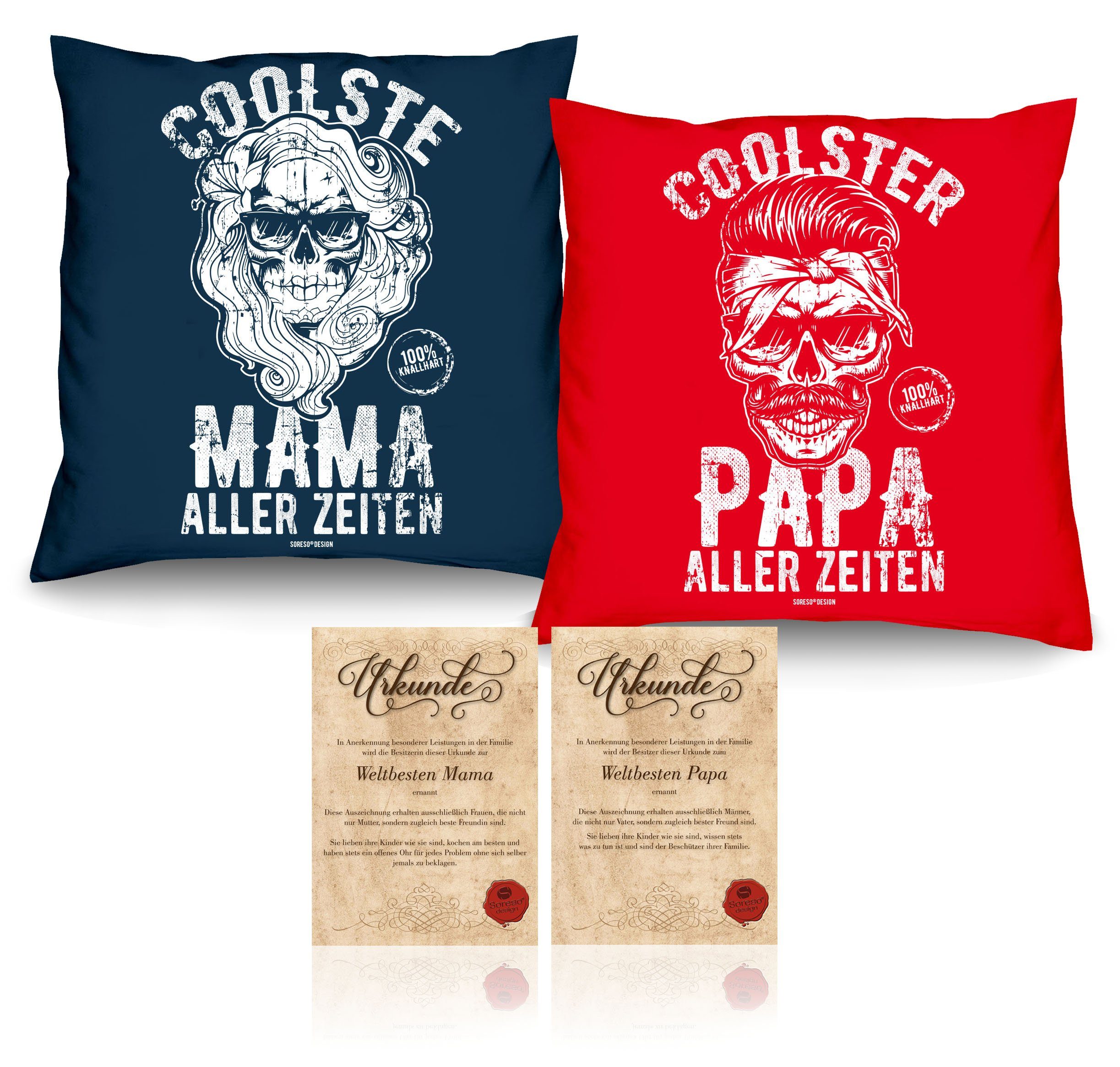 Zeiten Zeiten Mama rot aller Geschenkidee Geburtstag Coolste Kissen-Set Geschenkset Urkunden, aller Dekokissen - Soreso® Hochzeitstag Papa Coolster mit