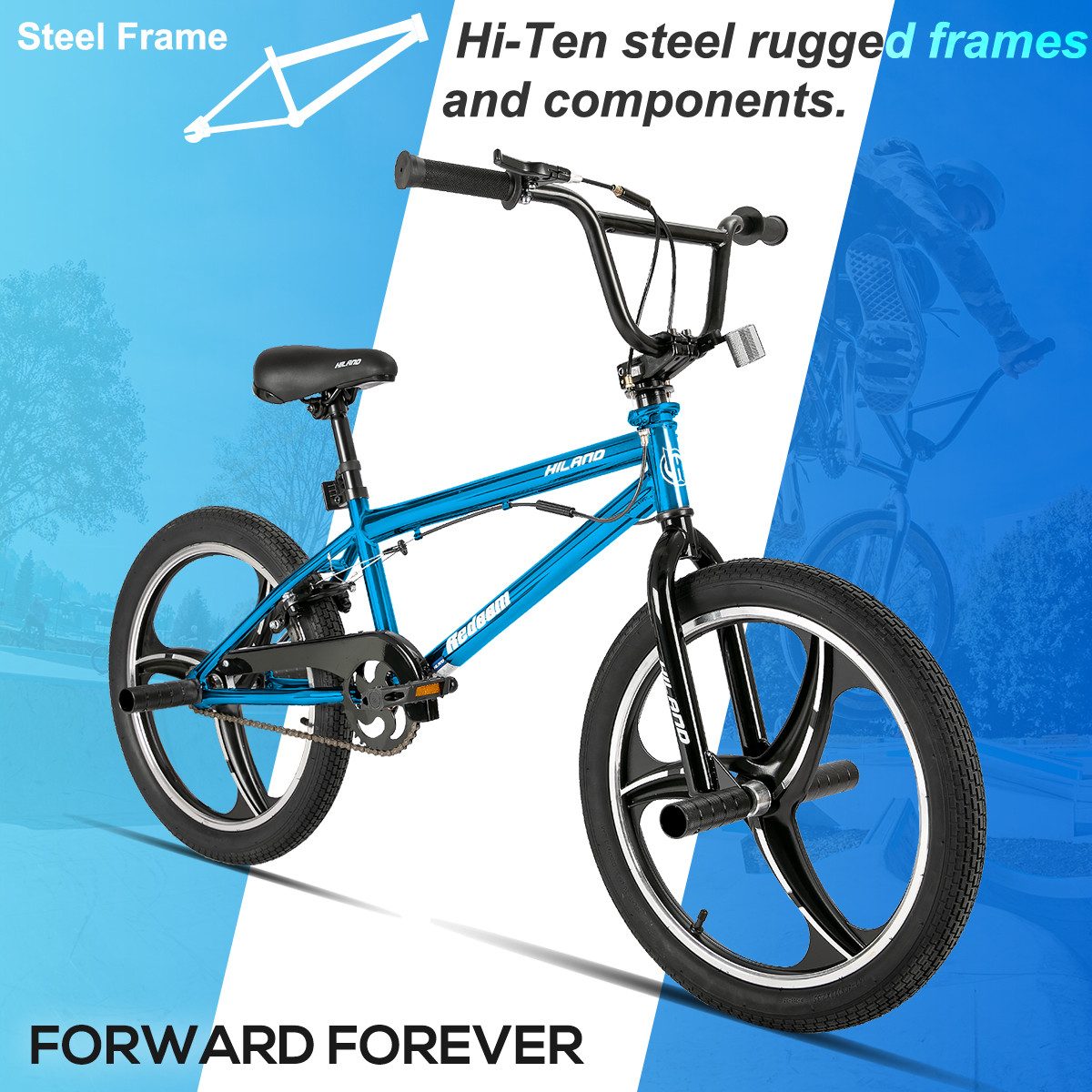 HILAND BMX-Rad 20 Inch 3 Spoke Kids BMX Bike for Boys Girls Ages 5-12, 360 Degree Rotor Freestyle, 4 Pegs Single Speed