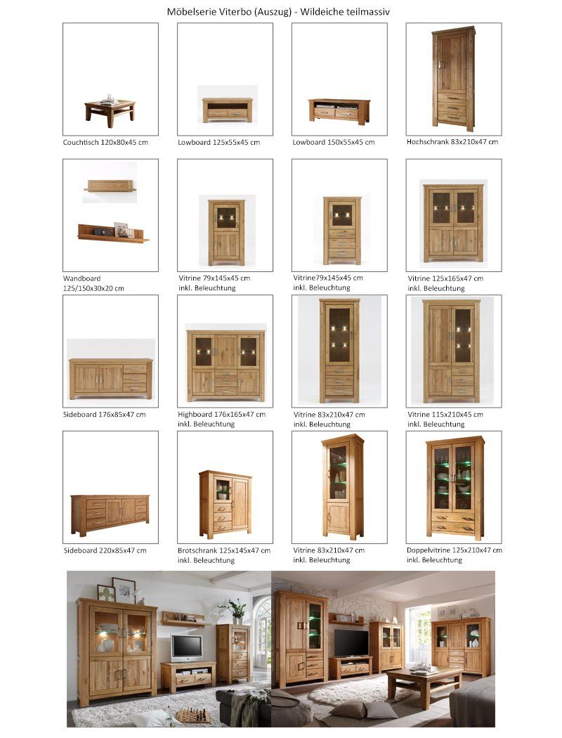 Wildeiche Wohnzimmer-Set mit vormontiert teilmassiv und expendio 6-St), (Spar-Set, 2, Softclose Beleuchtung Viterbo