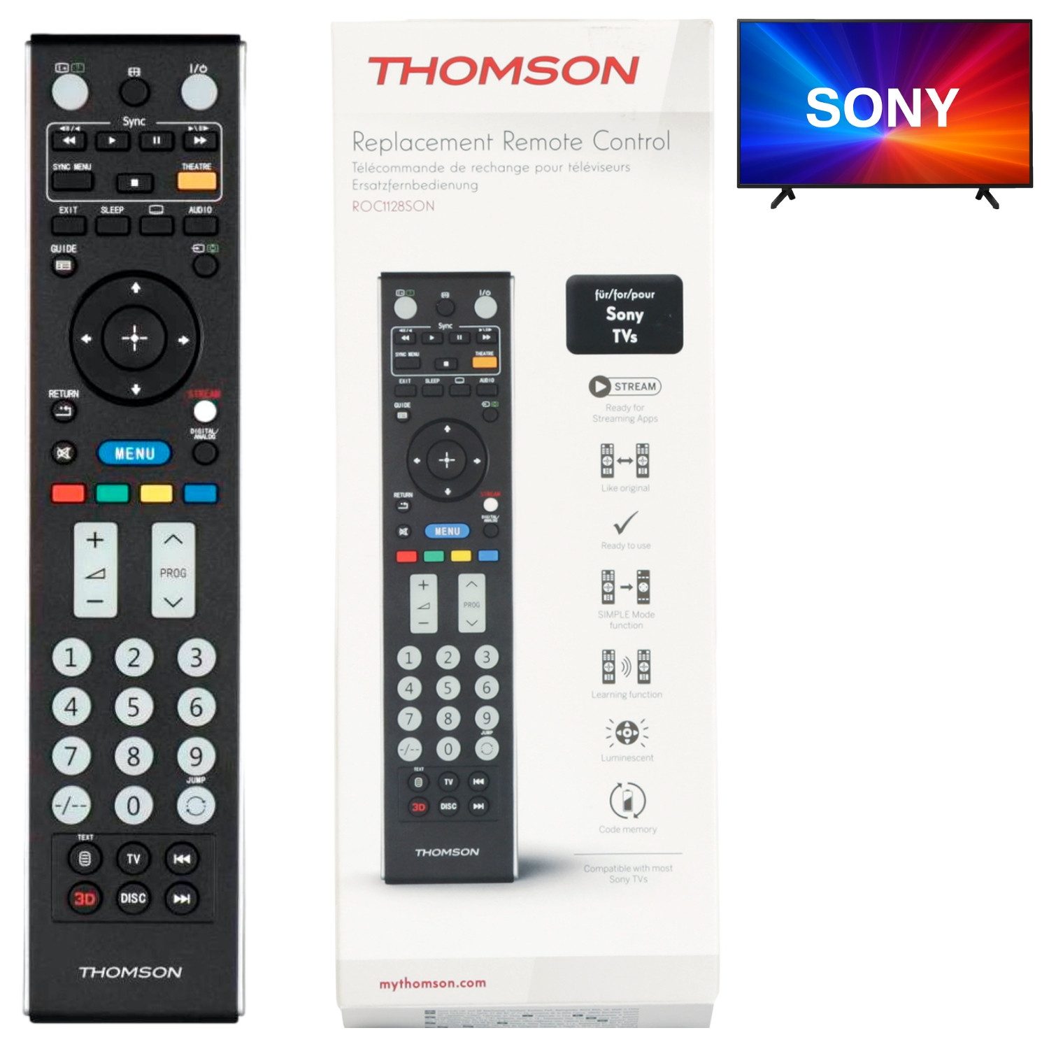 Thomson ROC1128SON Ersatz Fernbedienung für Sony TVs Universal-Smart-TV-Fernbedienung (1-in-1, Remote Control für Sony Bravia Smart TV LED OLED Netflix Streaming App)