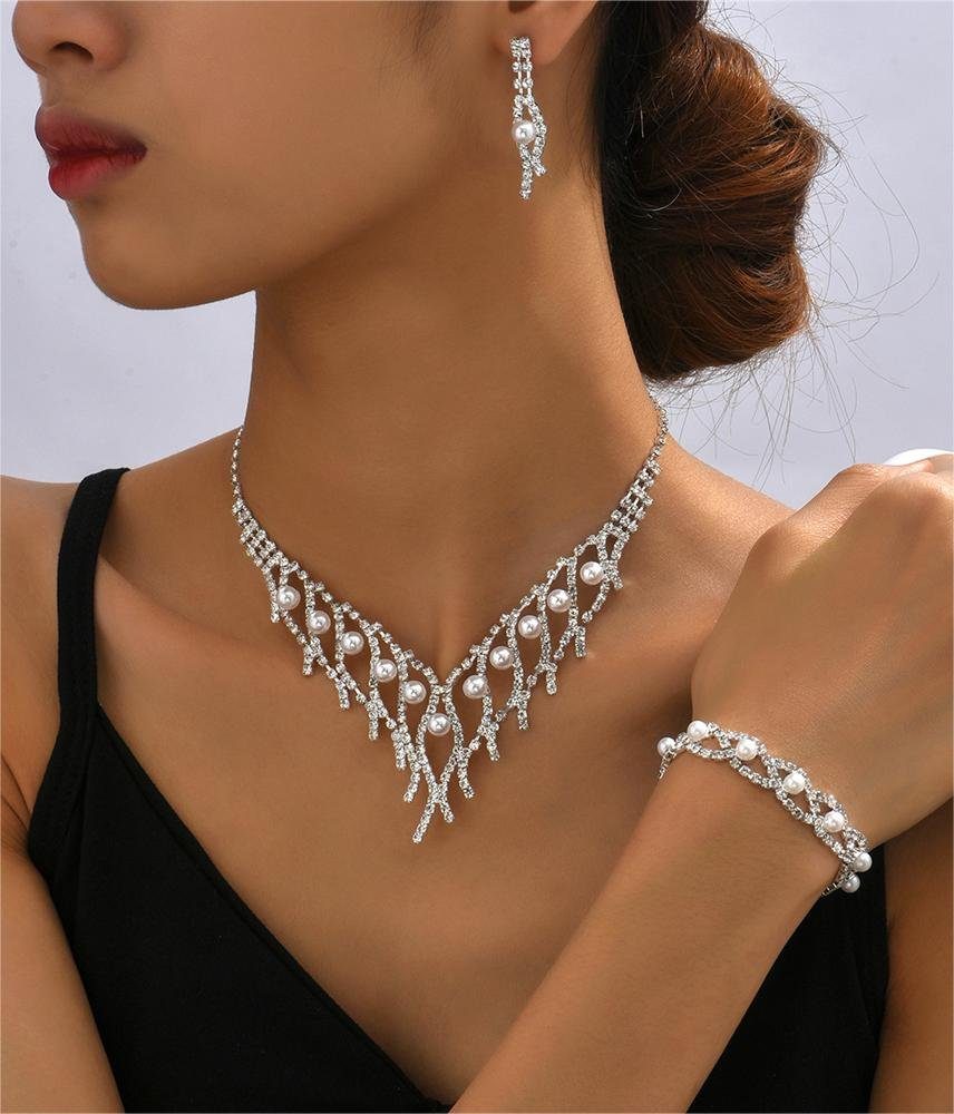 Rouemi Choker-Set Braut Zirkonia Halskette Set, Perlenkette Ohrringe Armband  Set von 3, Farbe: Silber