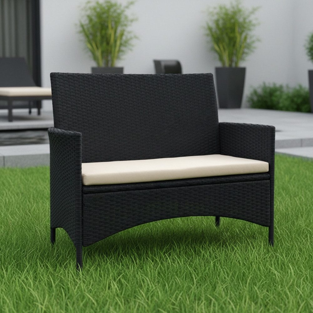 Mucola Gartenbank Gartenbank Sitzbank Polyrattan Schwarz Sitzpolster Balkon Outdoor (Stück, Gartenbank), Wasserabweisend