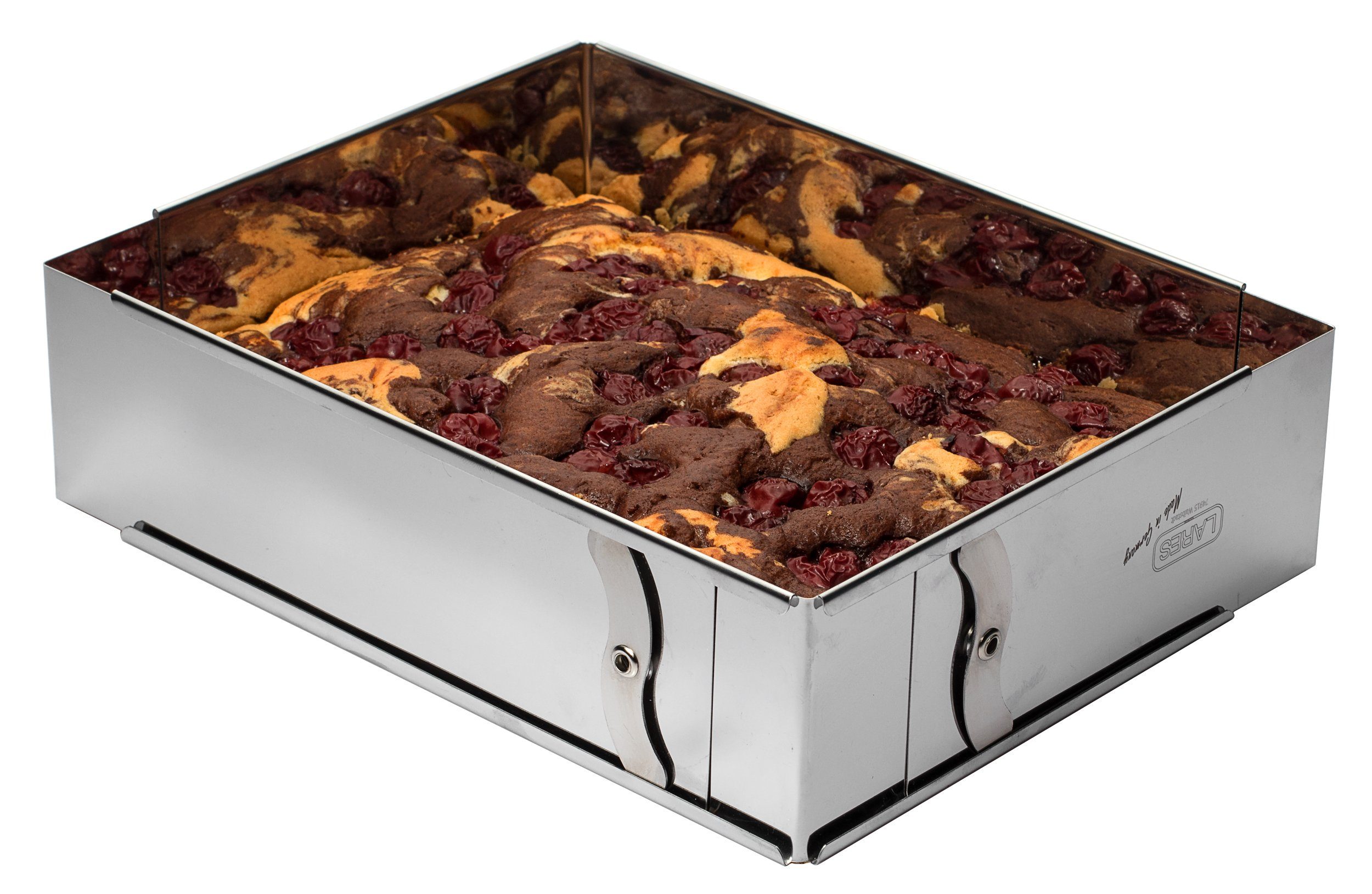 LARES Backform verstellbarer Backrahmen - eckig - Höhe: 7,5cm, ideal für Kuchen, Tortenböden und Desserts - Made in Germany