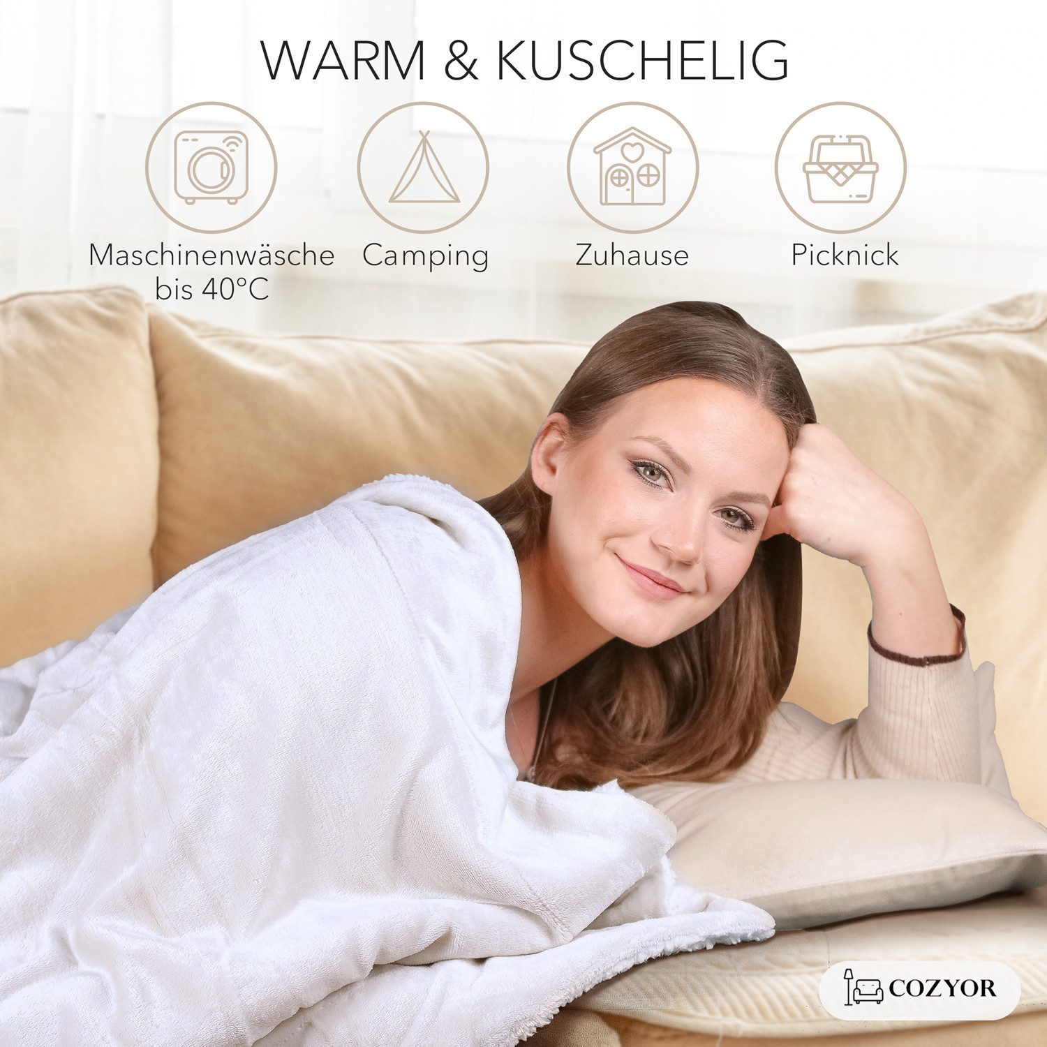 Wohndecke Kuscheldecke XL warm Sherpa, dicke Sofadecke, hochwertige Tagesdecke, Cozyor