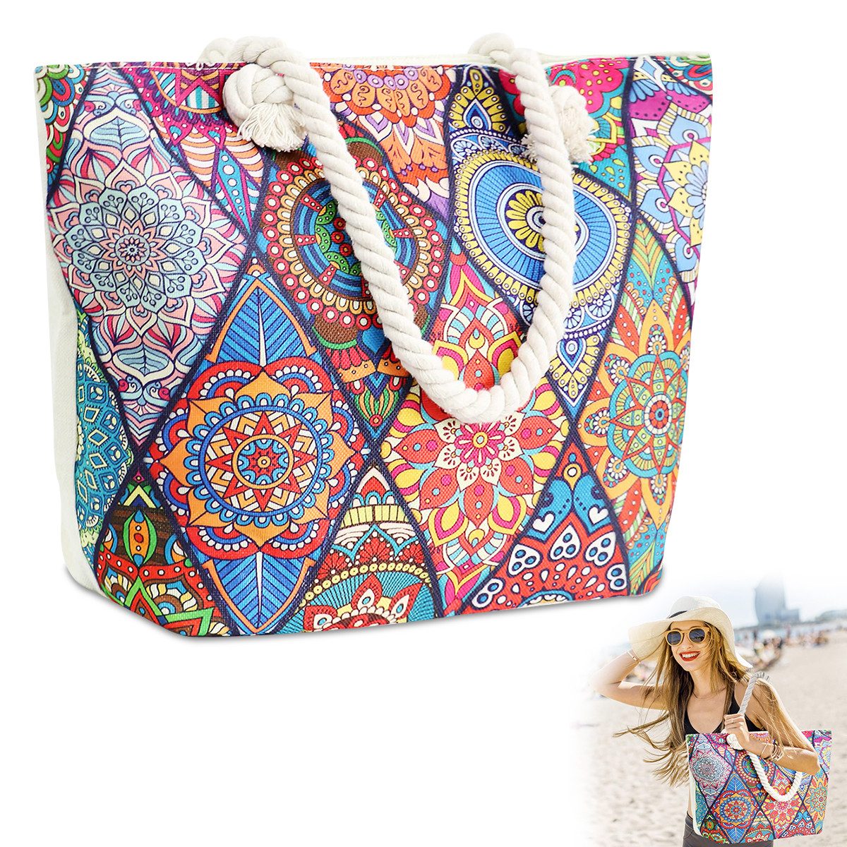 MOPUEA Strandtasche Familie Strandtasche Shopper Damen Badetasche Tragetasche (Extra große Kapazität für Strandtücher, Kleidung und Zubehör, Perfektes Geschenk für Frauen zu Urlaub, Geburtstag oder Fest), Leuchtender Druck mit moderner, hochauflösender Farbtechnik