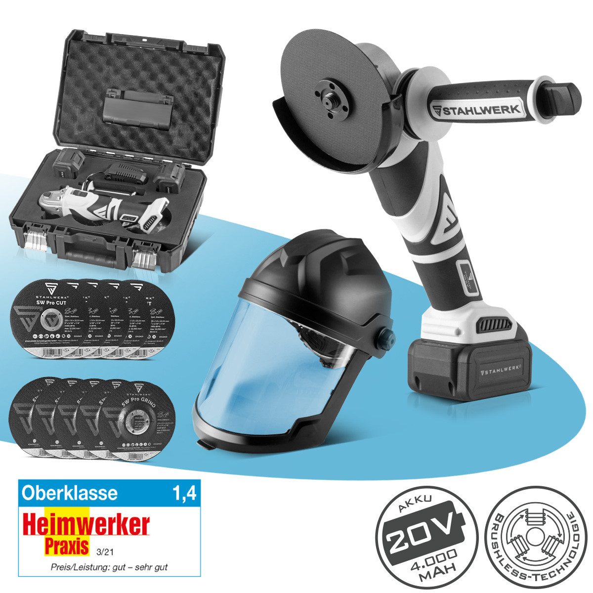 STAHLWERK Akku-Winkelschleifer Schleif-Set Brushless Akku-Winkelschleifer AWS-20 ST Schleifhelm, (3 tlg), Schweißer-Gripzangen inklusive Transportkoffer