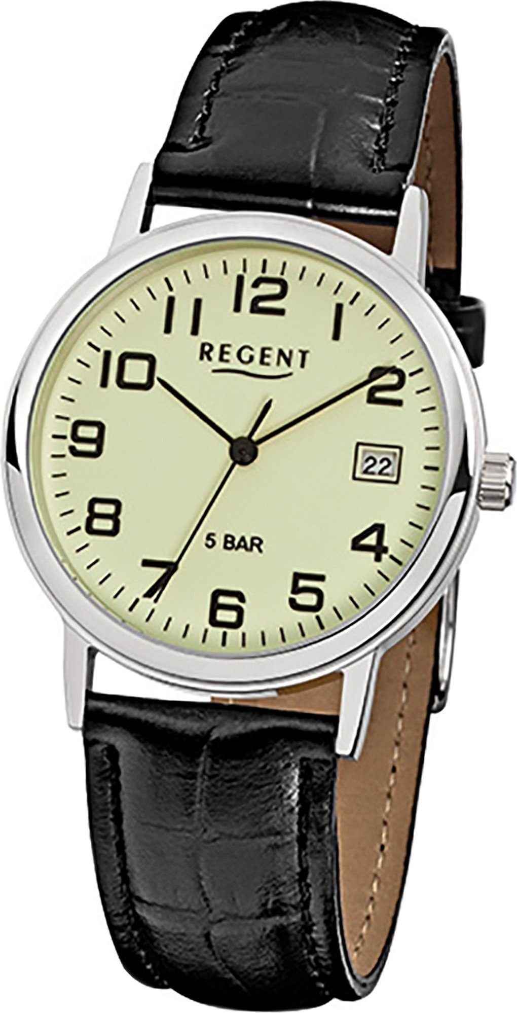 Regent Quarzuhr Regent Leder Herren Uhr F-793 Quarzuhr, Herrenuhr Lederarmband schwarz, rundes Gehäuse, mittel (ca. 34mm)