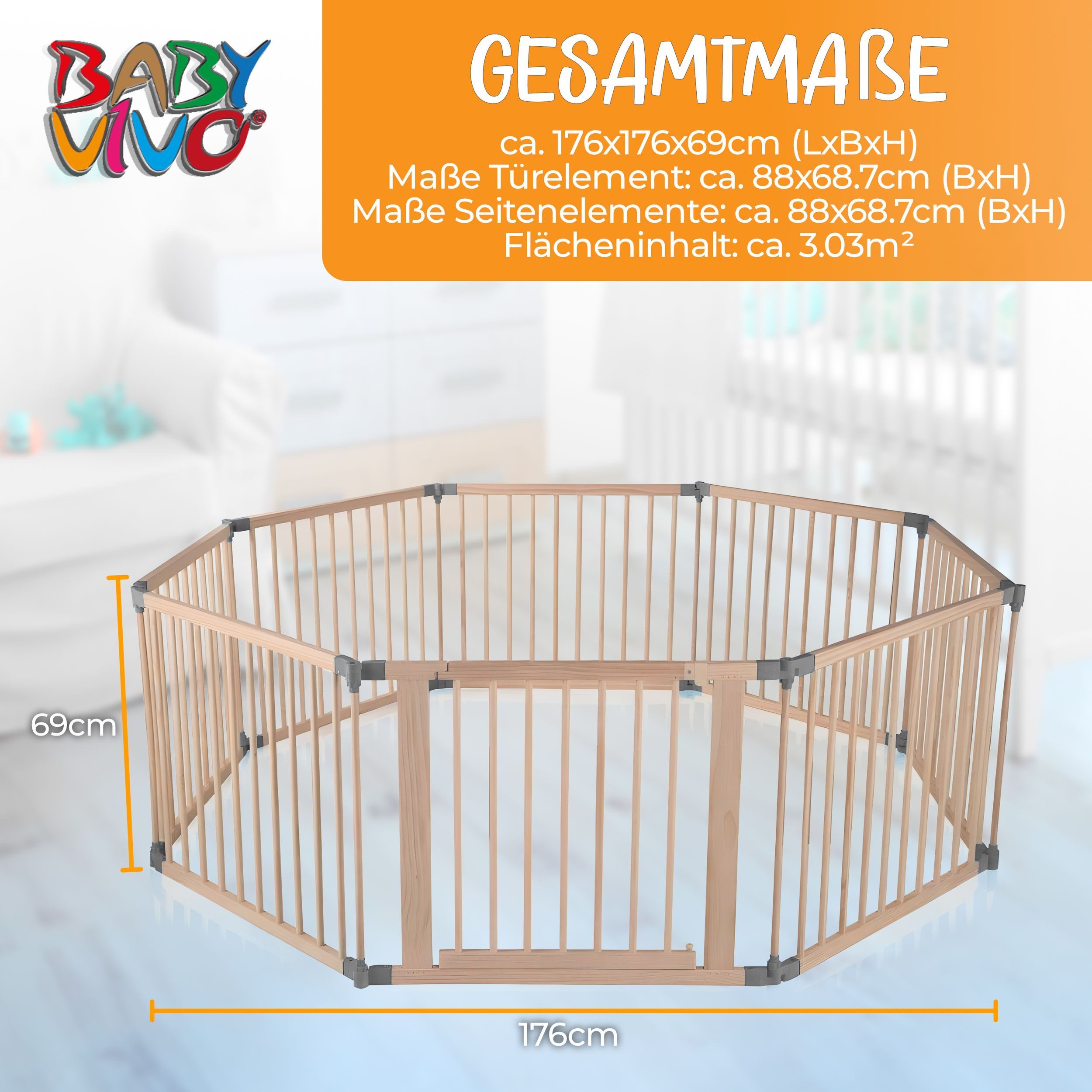 Baby Vivo Laufgitter aus Holz - individuell verstellbar - PREMIUM in Grau günstig online kaufen