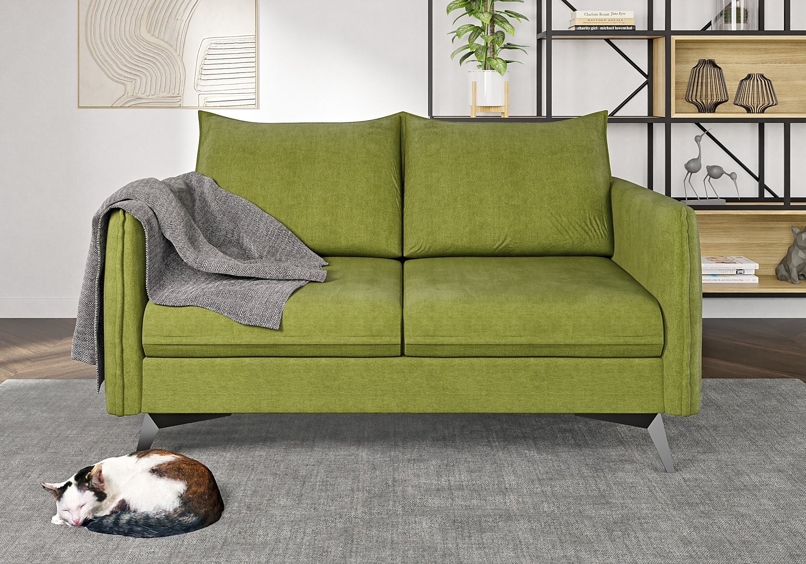 S-Style Möbel 2-Sitzer Sofa mit Metall Azalea mit Schwarz Füßen, Wellenfederung Grün Modernes