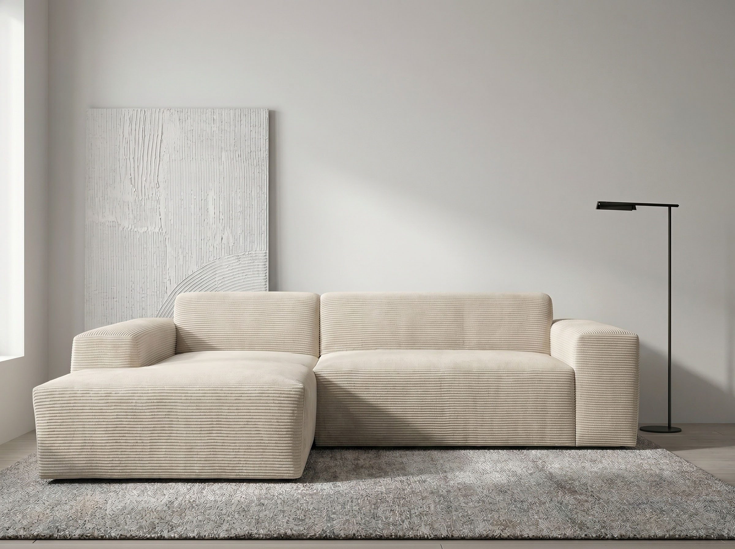 WERK2 Ecksofa Zeus-L 253 cm breit, bequemes Cord-Sofa in L-Form, urbanes Design, Organische curvy-trend Couch mit großer Komfort-Ottomane