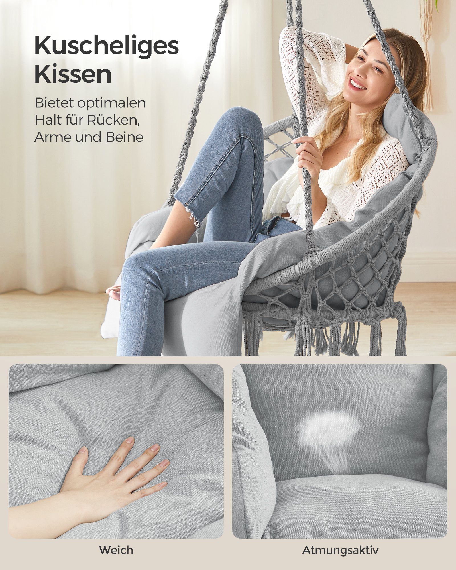 SONGMICS Hängesessel, bis 120 kg belastbar, Hängeschaukel, Hängestuhl, skandinavisch