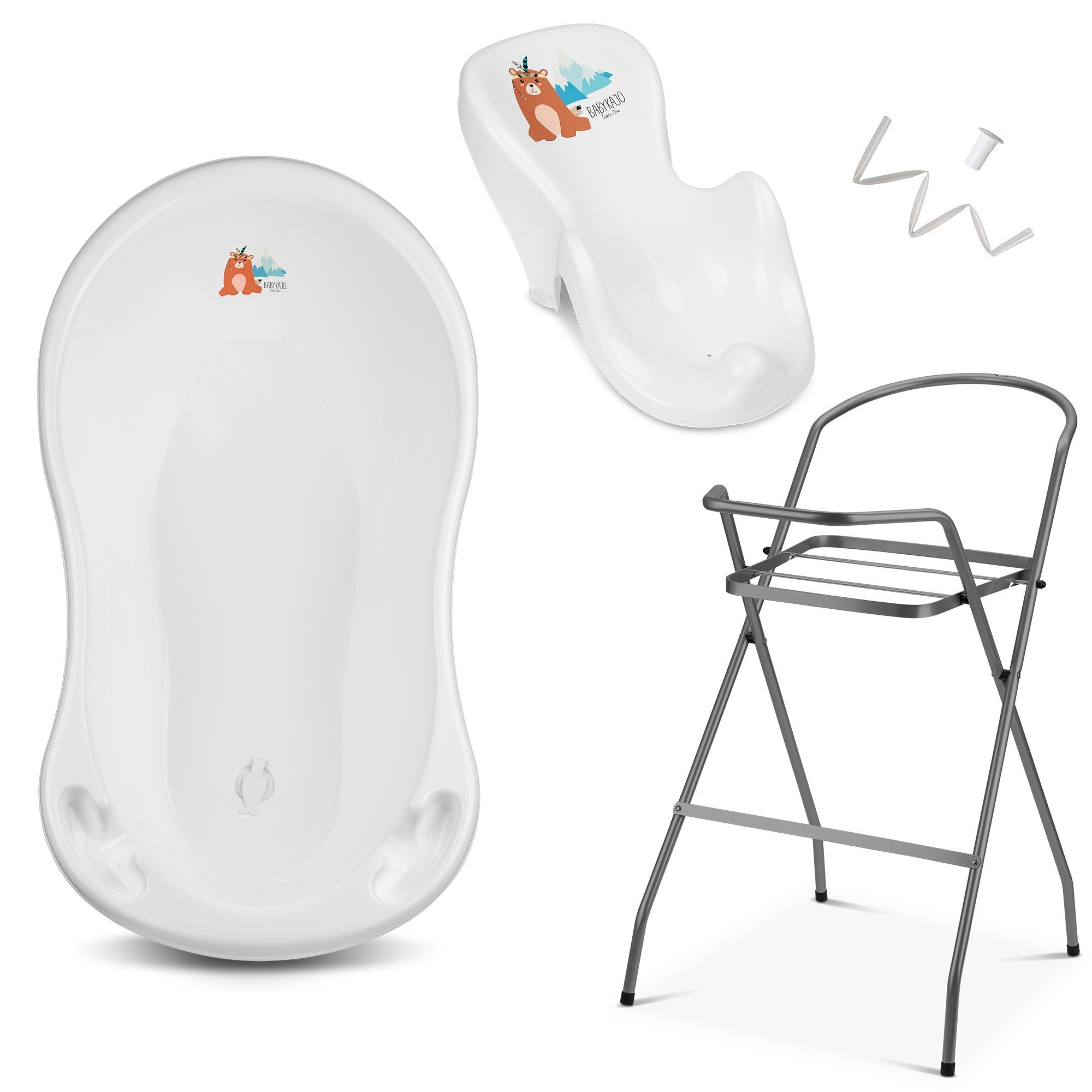 Babykajo Babybadewanne, (Set, 4-tlg), Baby Wanne mit Ständer, Wannensitz, Schlau - TÜV Rheinland geprüft