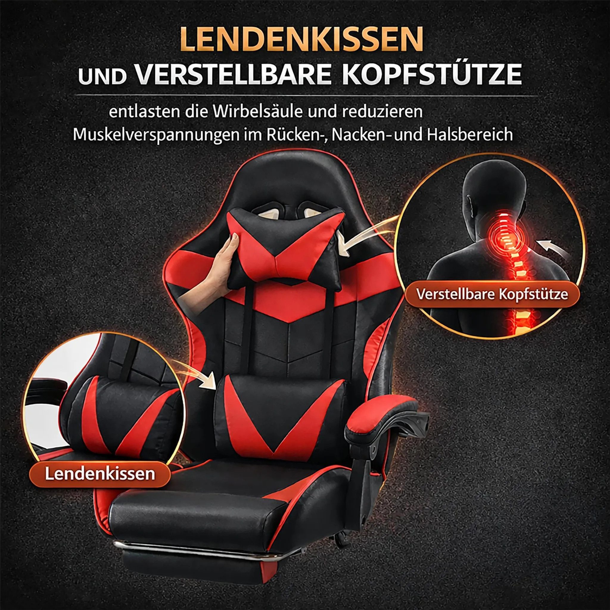 Athlix Gaming-Stuhl Gaming-Stuhl Ergonomisch, gepolsterter Sitz, verstellbare Rückenlehne, 360°-Rollen, Pflegeleichtes PU-Leder, Höhenverstellbar und Neigbar