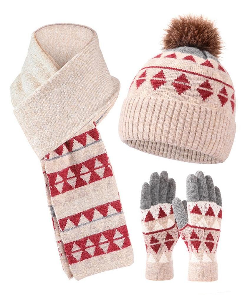 Rouemi Mütze & Schal Dreiteiliges Handschuhe Warme Mütze Rot kalte Set Schal Wollmützenset, und