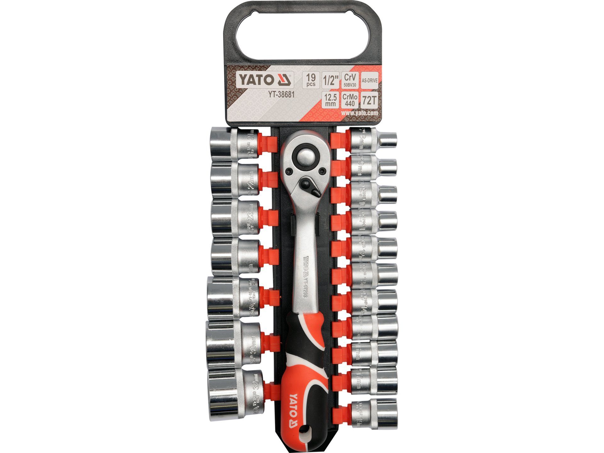 Yato Bit-Schraubendreher Set di inserti a cricchetto da 1/2", 19 pezzi, (Steckschlüssel-Set 1/2" CrV/CrMo mit Ratsche, 19-tlg., Steckschlüssel-Set 1/2" CrV/CrMo mit Ratsche, 19-tlg)