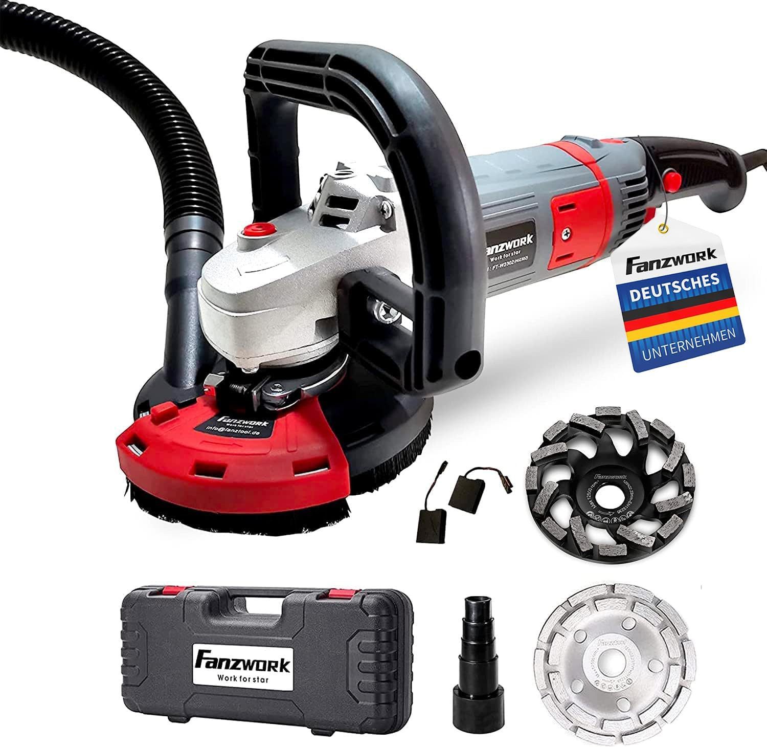 Winkelschleifer 1500W Betonschleifer mit 125mm Diamanttopf PROFI & Absaughaube