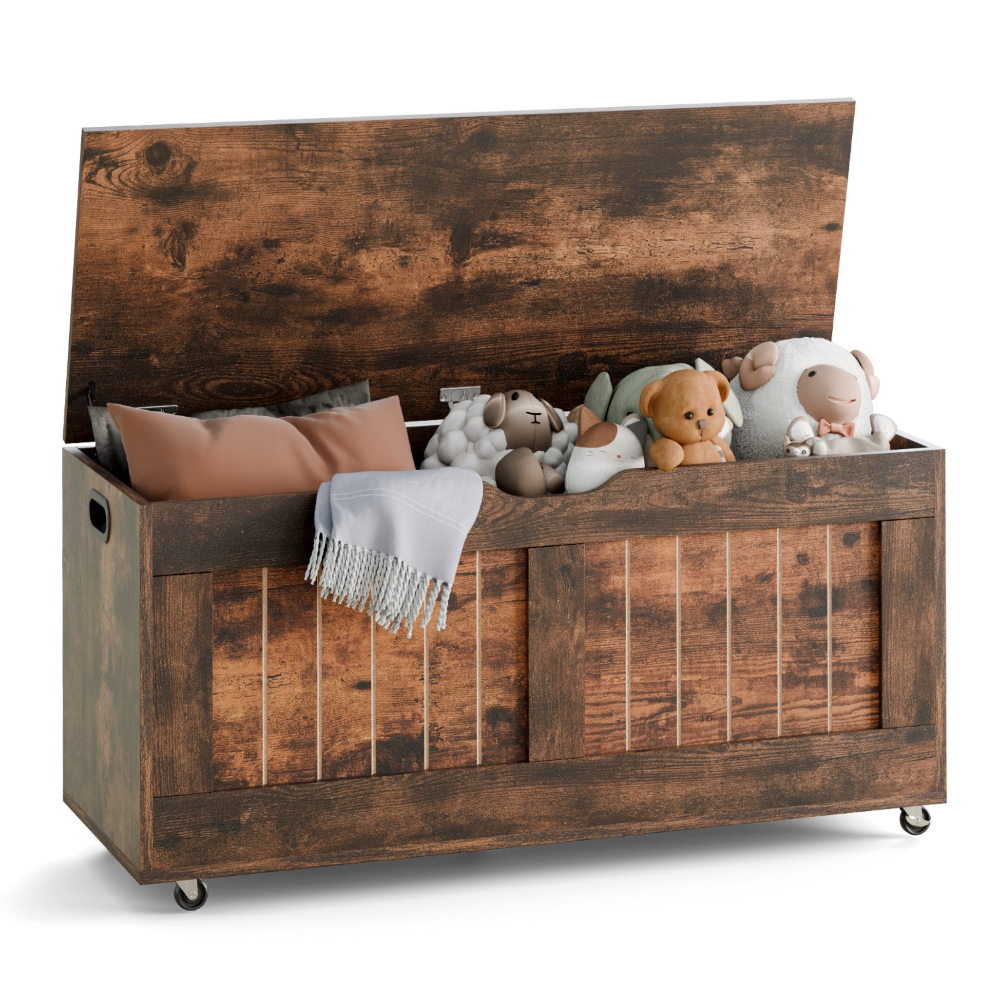 Mondeer Kommode Aufbewahrungsschrank (Aufbewahrungsbank, 100 x 49 x 40 cm), Deckenbox mit 4 Rollen, 2 Sicherheitsscharnieren, Braun