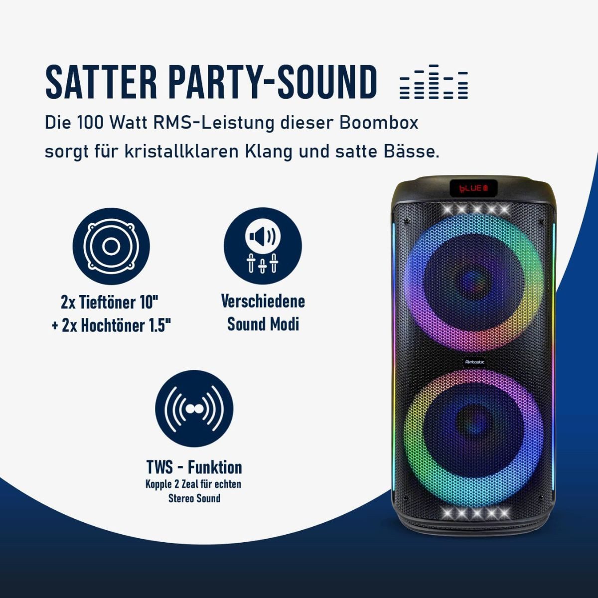 fontastic Bluetooth Party Speaker 100W RMS TWS LED mit Mikrofon & Trolley Bluetooth-Lautsprecher (100 W)