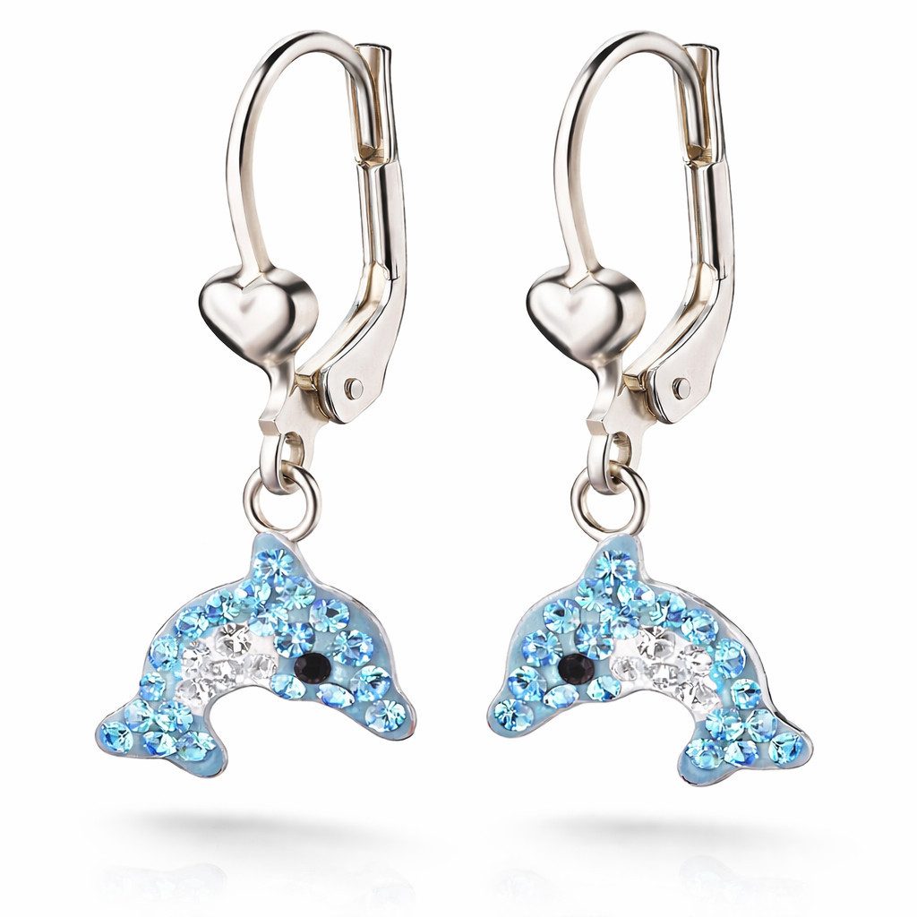 schmuck23 Paar Ohrhänger Kinder Ohrringe Delfin 925 Silber Creolen Ohrschmuck Geschenk Mädchen, Kinderschmuck Kristalle Mädchen Geschenk