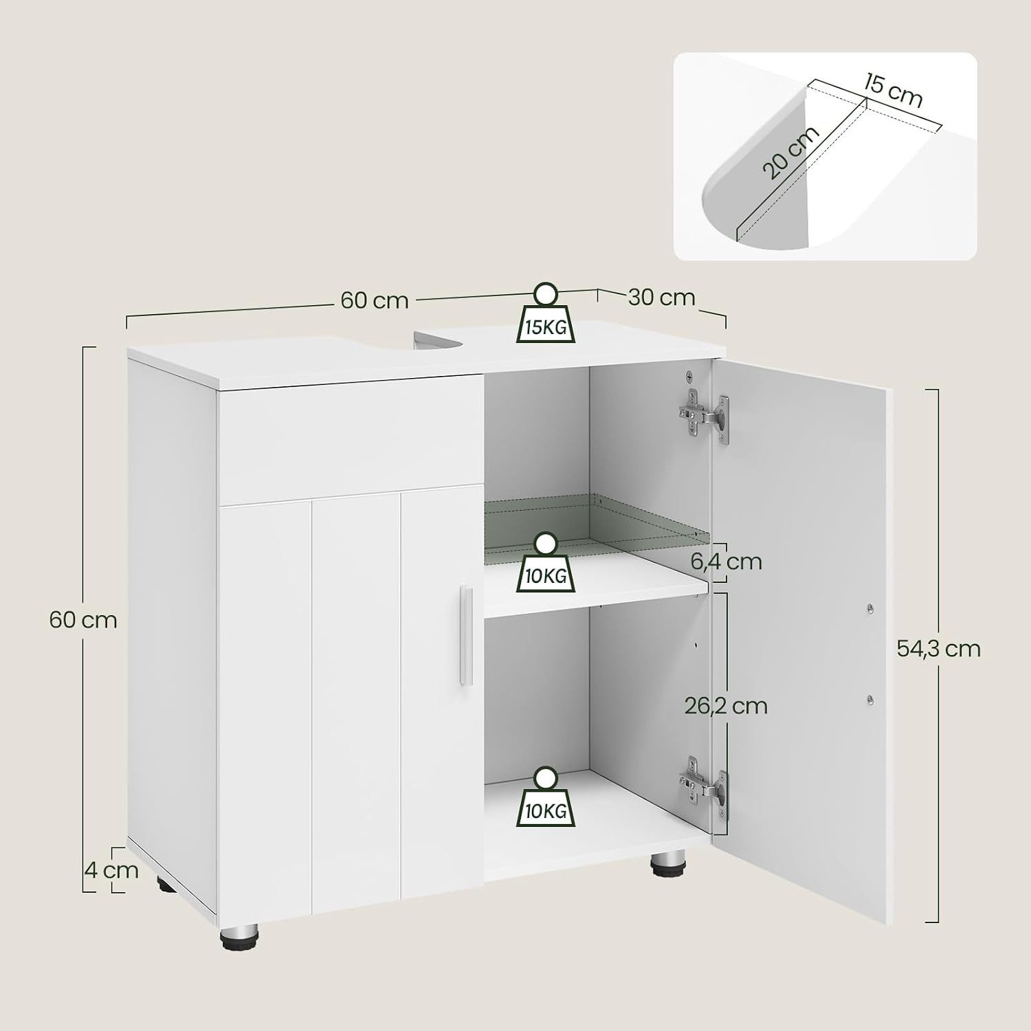 EUGAD Waschbeckenunterschrank (1-St) Landhausstil, MDF, 60x60x30 cm, Weiß