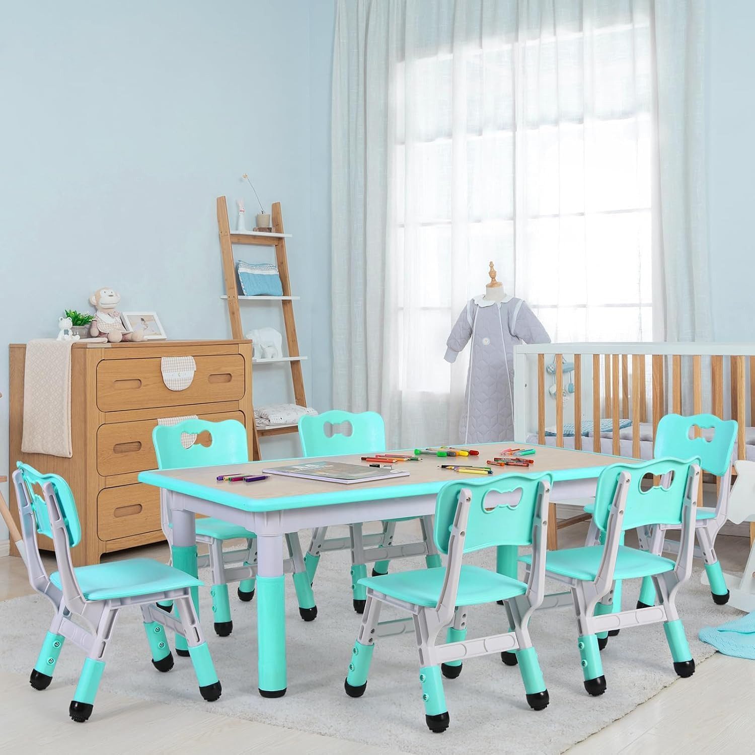 TLGREEN Kindertisch mit 6 Stühlen, Kindertischgruppe günstig online kaufen