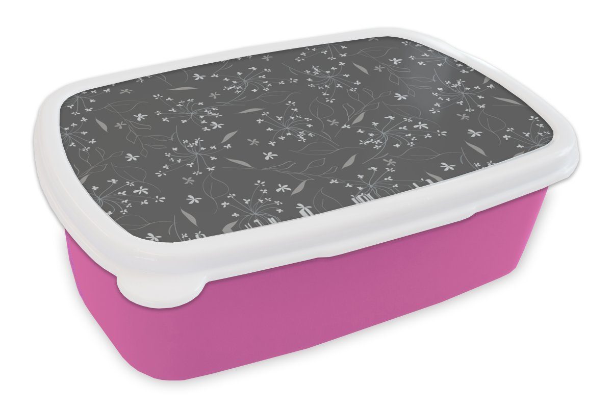 MuchoWow Lunchbox Blumen - Weiß - Muster, Kunststoff, (2-tlg), Brotbox für Erwachsene, Brotdose Kinder, Snackbox, Mädchen, Kunststoff rosa