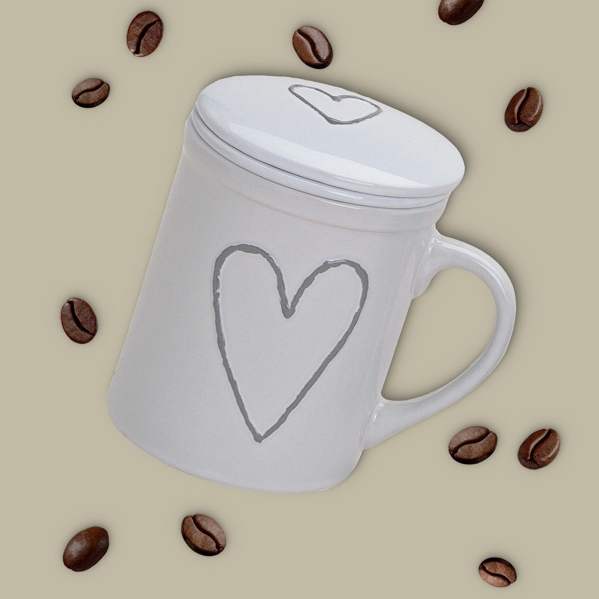 matches21 HOME & HOBBY Tasse Teetassen 2er Set mit Deckel und Teesieb Landhaus-Stil Herzen, 6-tlg., Porzellan, Tee Kaffee-Becher Kaffeetassen, klassisch, grau weiss, 300 ml