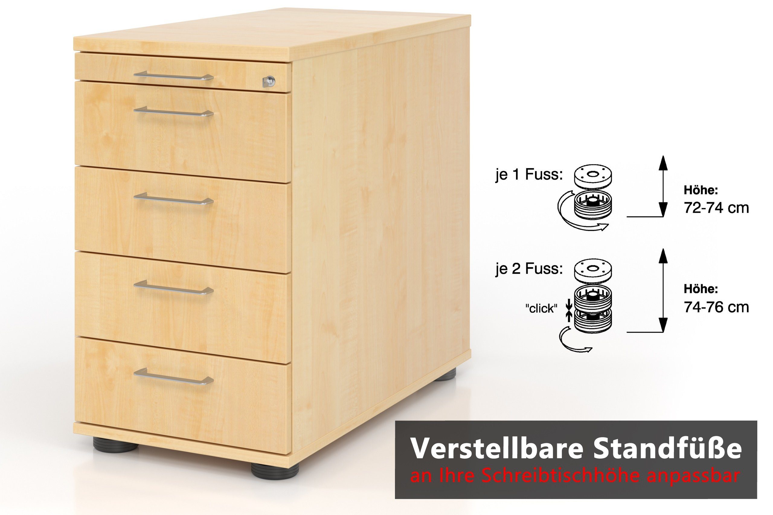 bümö - Schubladen (Kunststoff) Container mit 4 mit Grau Standcontainer Streifengriff office Dekor: