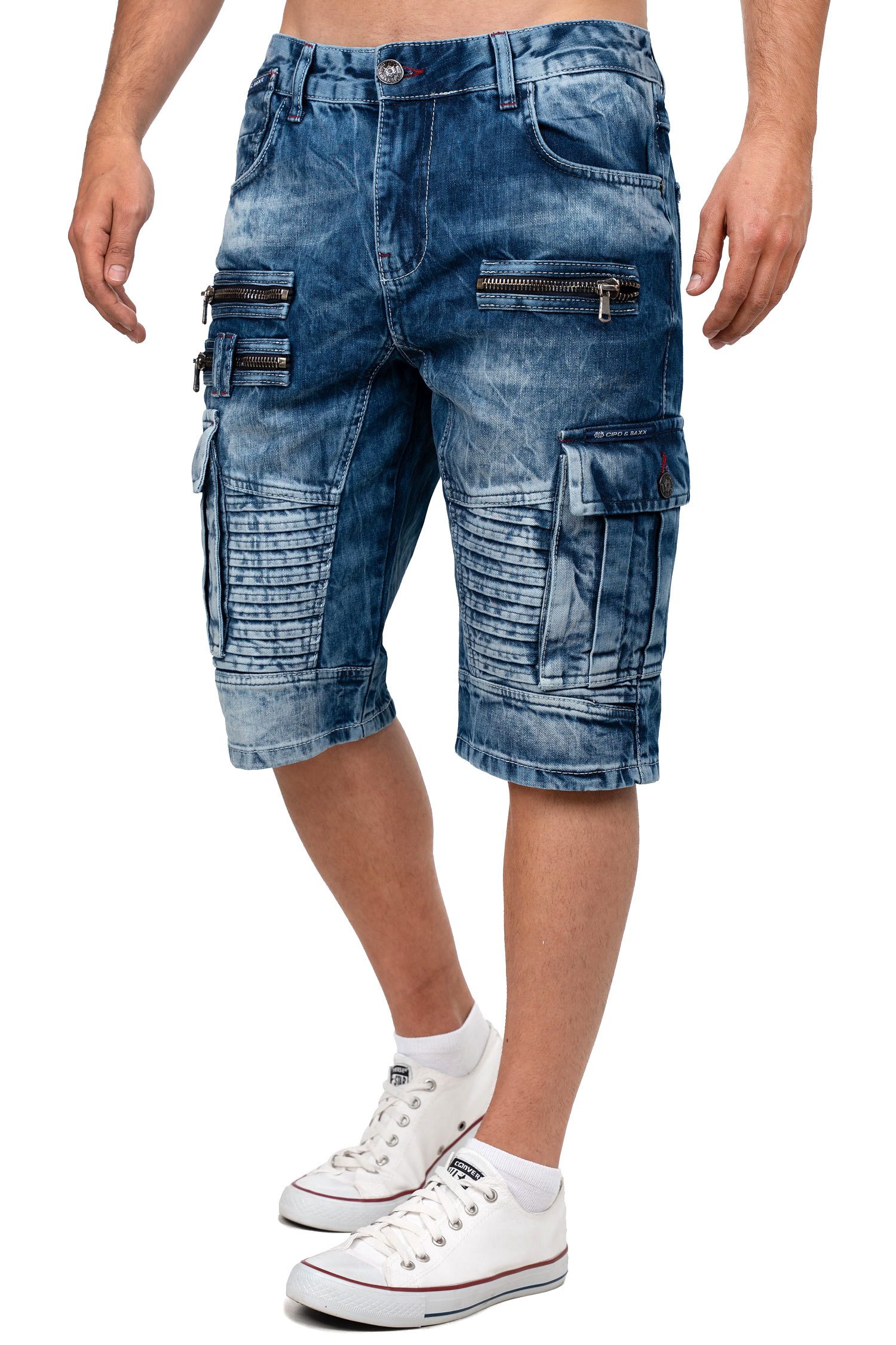 Cipo & Baxx Jeansshorts Herren Regular Fit Kurze Hose Stonewashed BA-CK295 Hochwertige Verarbeitung mit markanten Ziernähten
