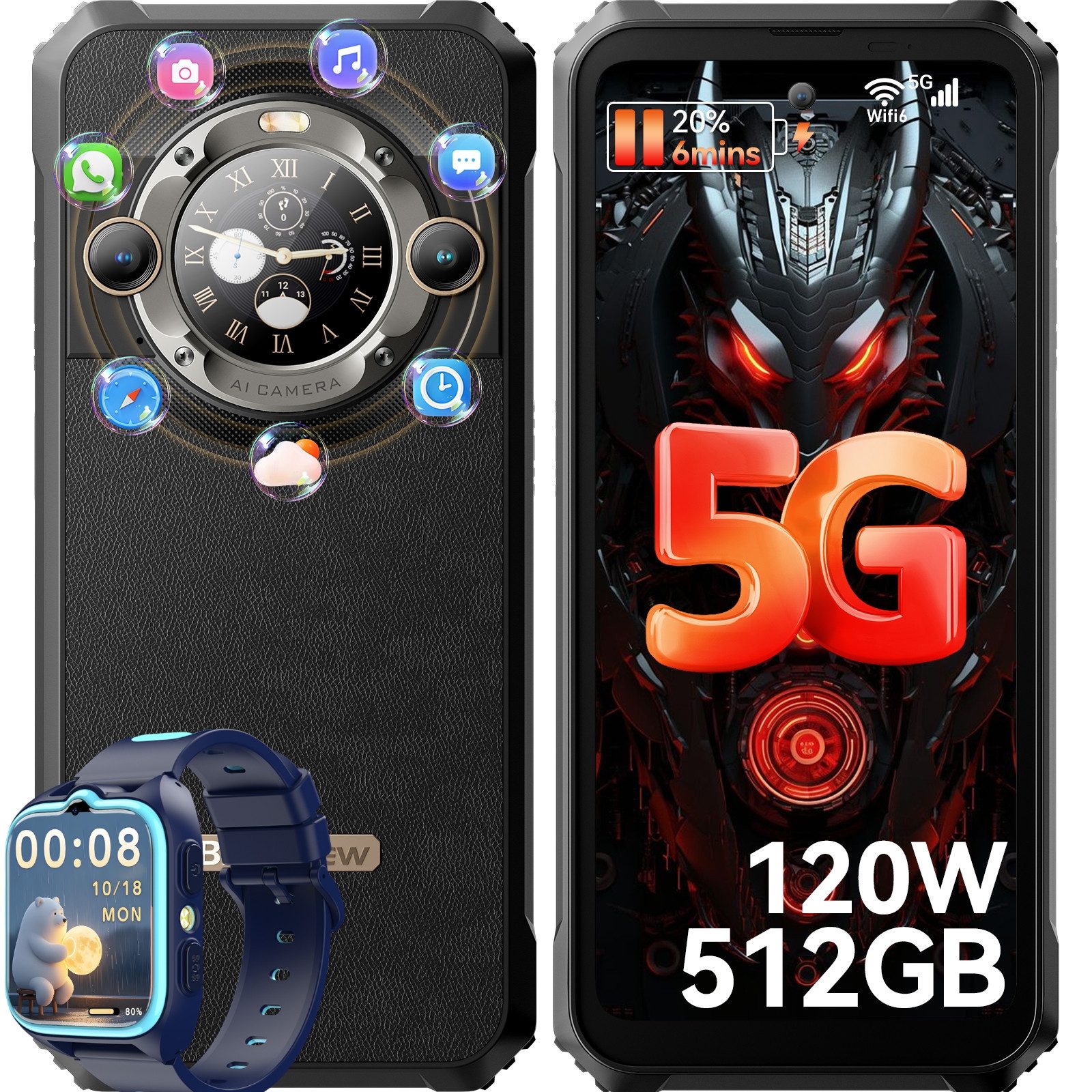 blackview BL9000 5G zwei Bildschirmen incl. Z30 Handy (6.78 Zoll, 50 MP Kamera, 2.4K, 5G MediaTek Dimensity 8020, NFC/Face ID/GPS/IP69K, Ohne Vertrag)