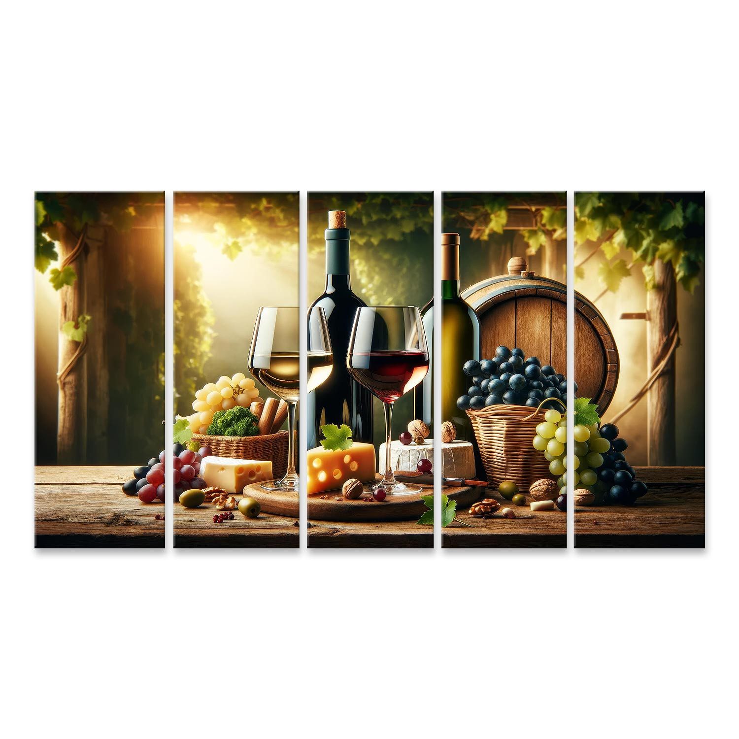 Leinwandbild für die Küche Weinverkostung Gläser und Flaschen, Holzfass, Käse und T