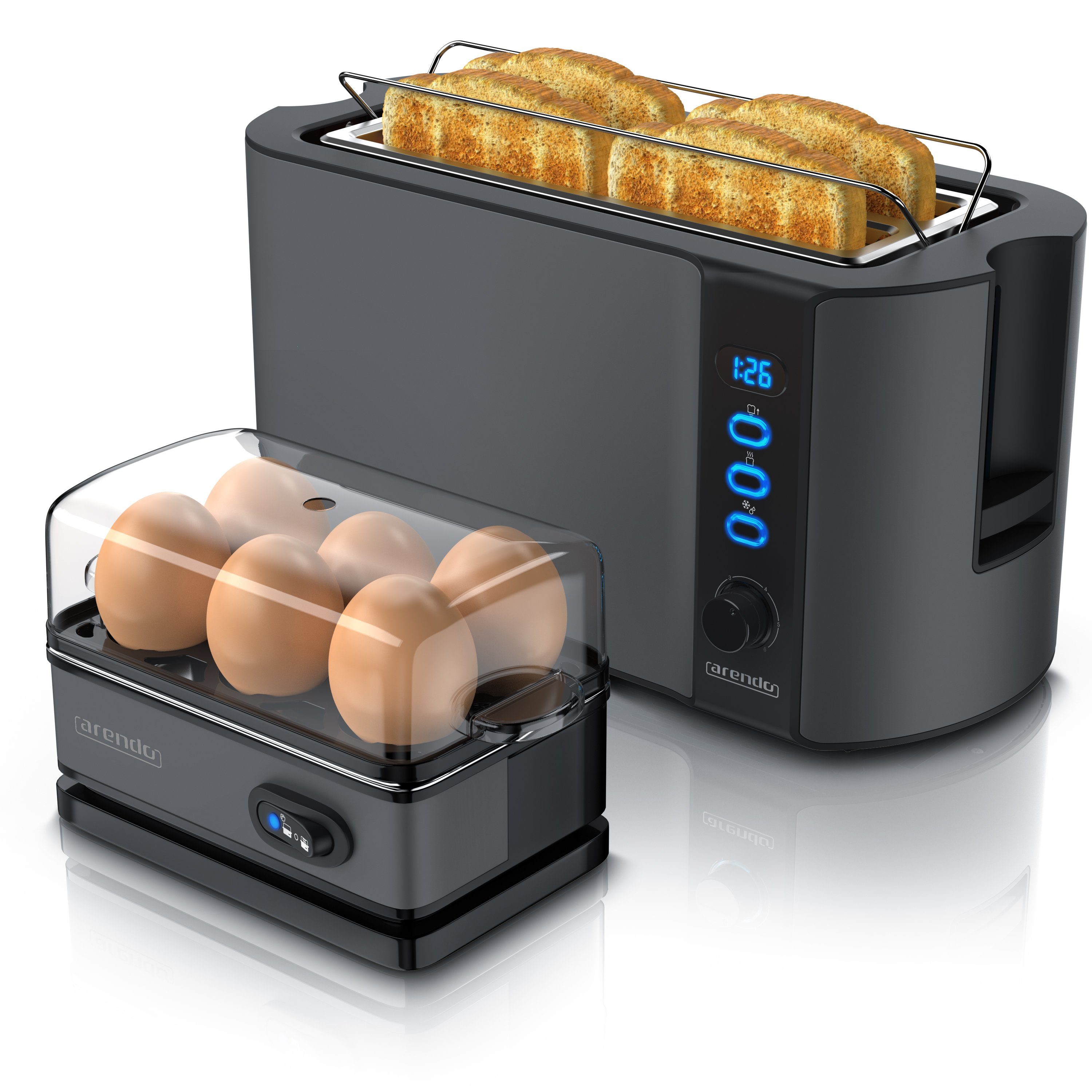 Arendo Frühstücks-Set (2-tlg), 4-Scheiben Langschlitz Toaster, 6er Eierkocher, Grau