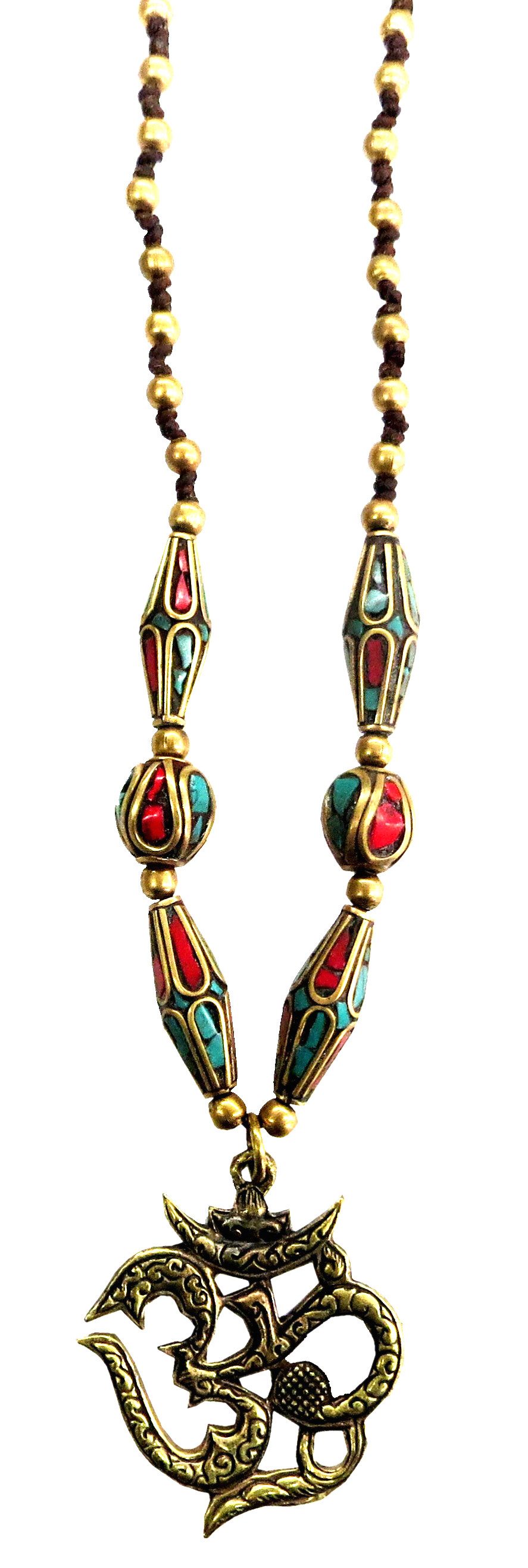 Kette mit Anhänger Halskette "Om" mit Messing- und Nepalperlen 55cm