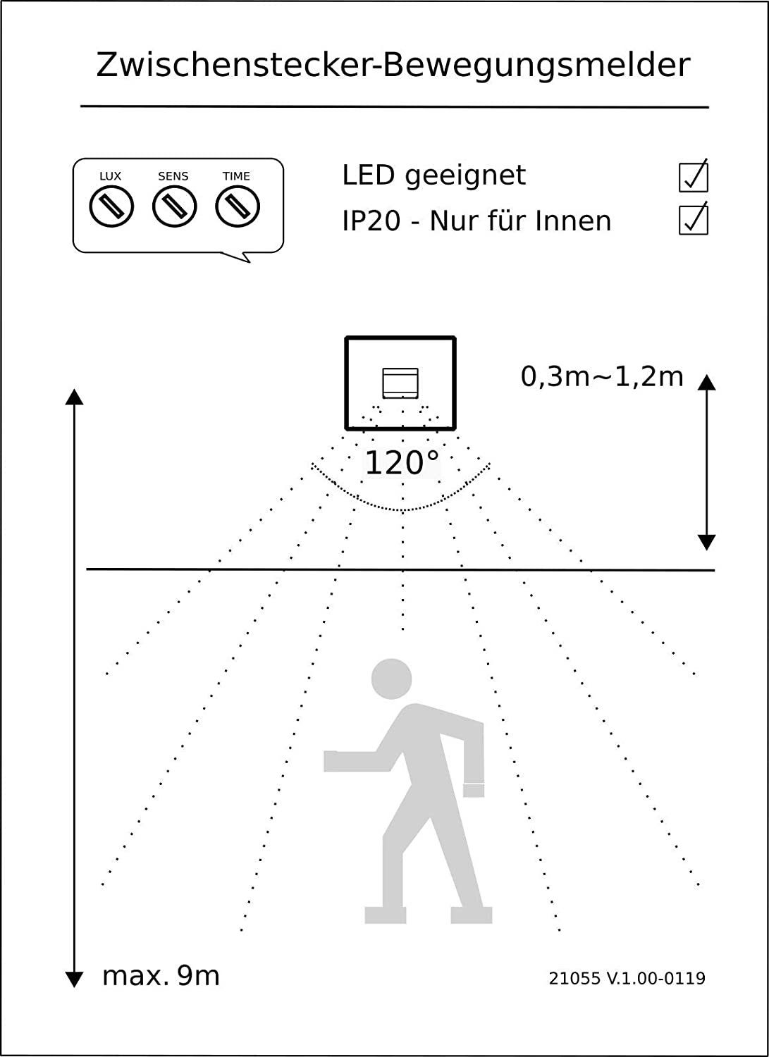 1200W 230V Reichweite ChiliTec ChiliTec Bewegungsmelder Bewegungsmelder 120° 9m mit Steckdose