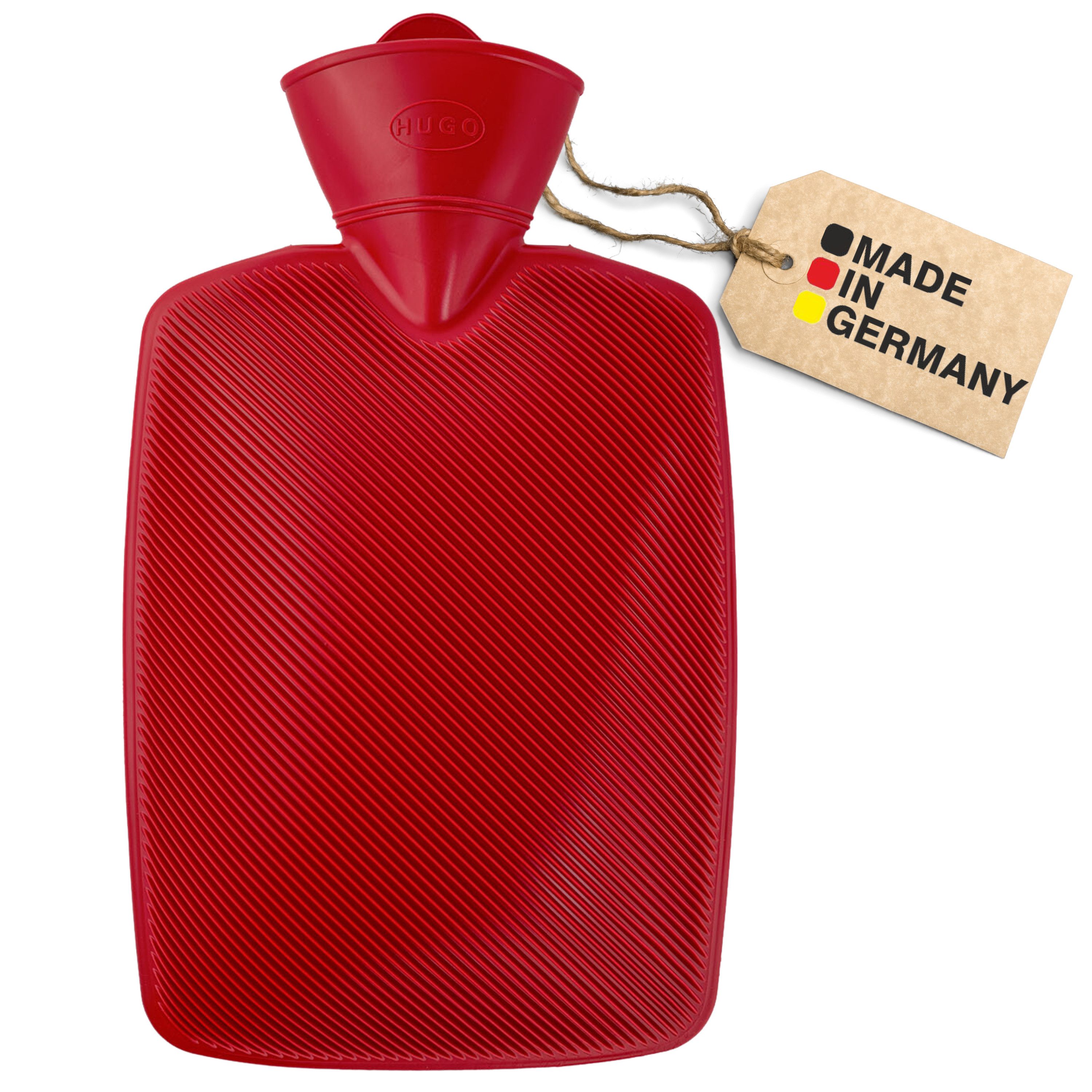 Hugo Frosch Wärmflasche Klassik 1,8 l Halblamelle Made in Germany, Rot - langlebige, auslaufsichere Bettflasche mit XL-Haltelasche