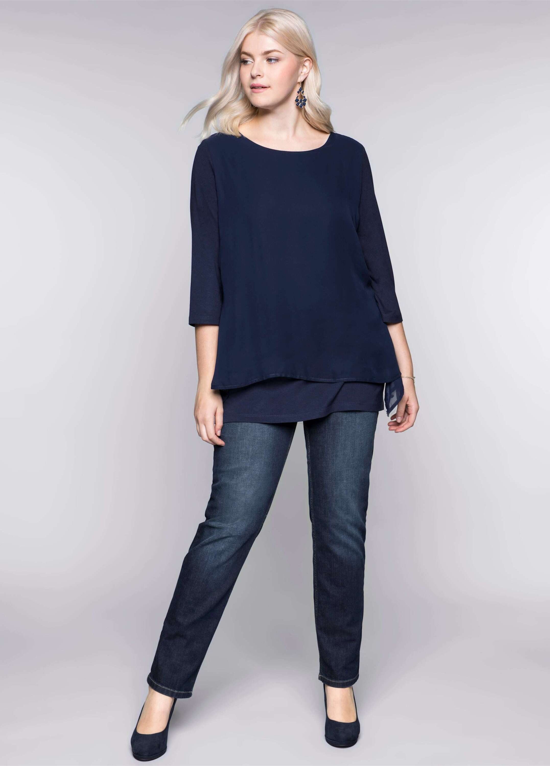 Sheego T-Shirt Blusenshirt 3/4-Arm in leichter A-Linie mit Zipfelsaum
