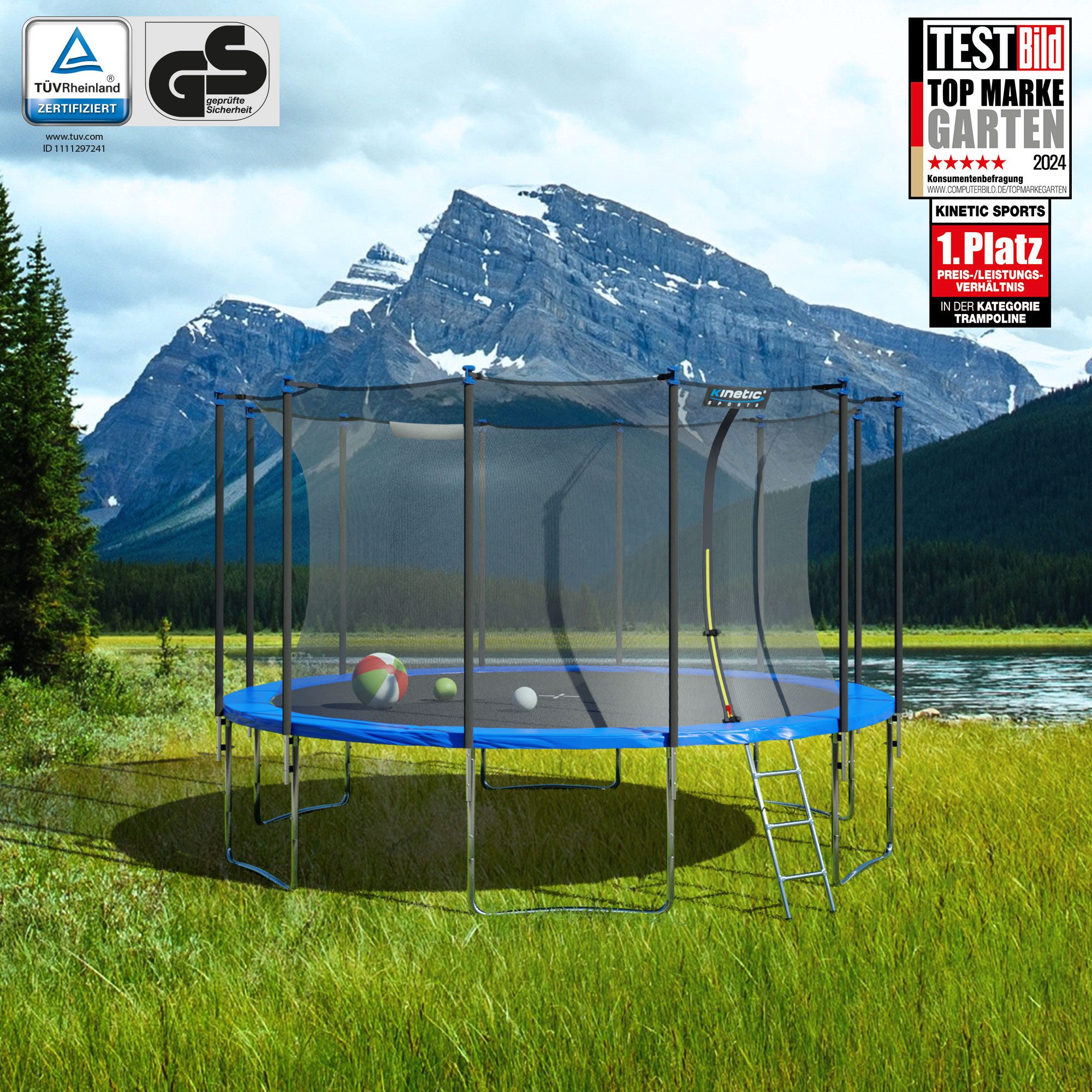 Kinetic Sports Gartentrampolin SALTO PLUS, Ø 427 cm, Komplett-Set mit Leiter, Regenplane, Einstiegsleiter