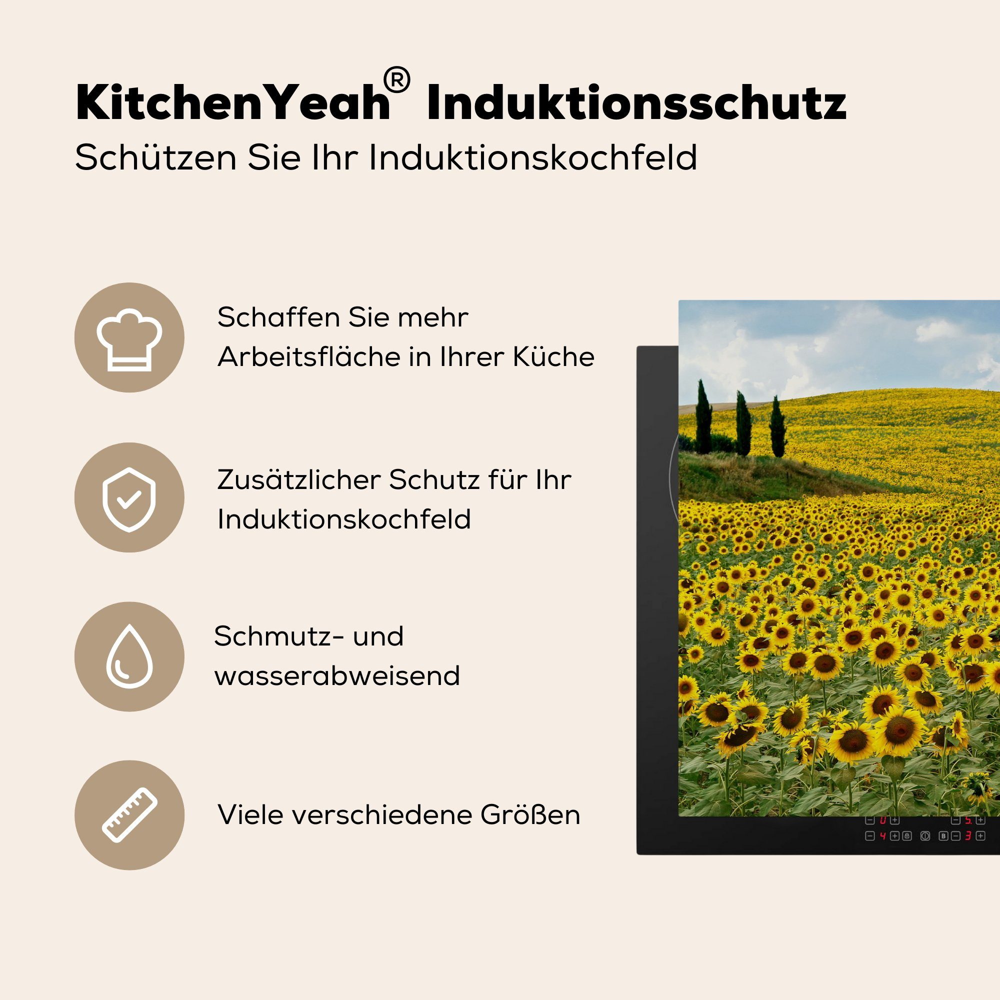 MuchoWow die küche, mit Schutz Induktionskochfeld für Vinyl, Sonnenblumen, Herdblende-/Abdeckplatte 81x52 Ceranfeldabdeckung cm, Hügel tlg), (1