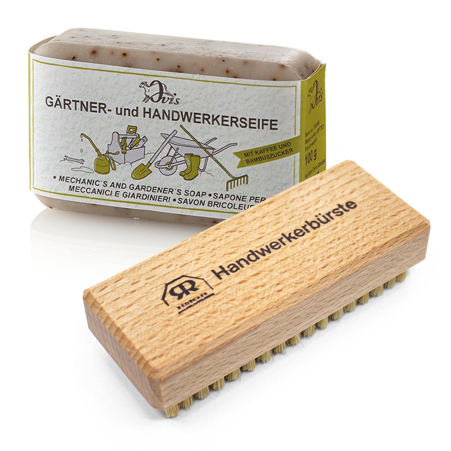 Landshop24 Nagelbürste Gärtnerseife - Handwerkerseife + Handwerkerbürste helle Borste, Spar-Set, 2-tlg., Handwerkerset, helle straffe Wildschweinborste