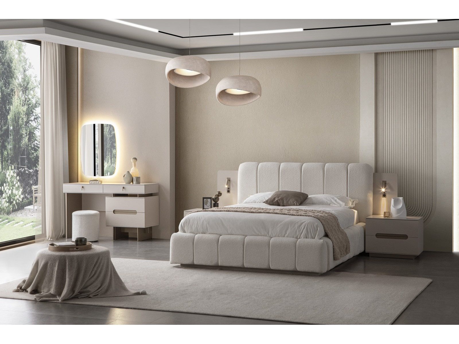 Villa Möbel Schlafzimmer-Set Maldiv, (Schlafzimmer-Set, 5-tlg., Bett mit Kopfteil, 2 Nachttische, Kleiderschrank und Kommode), Bettanlage mit Stoffbezug ruhige Optik pflegeleicht im Alltag