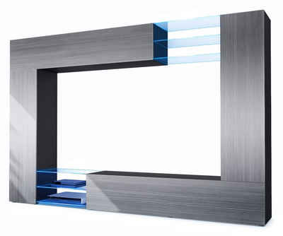 Vladon Wohnwand Mirage, (Anbauwand mit Rückwand mit 2 Türen, 4-St., 2 Klappen und 6 offenen Glasablagen), Schwarz matt/Avola-Anthrazit, inkl. LED-Beleuchtung (262x183x39 cm)