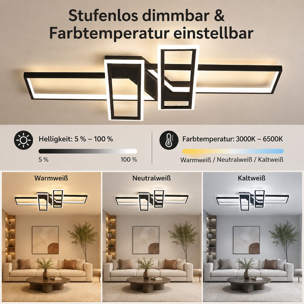OYLCDI Deckenleuchten LED Deckenlampe 6 Rahmen,Dimmbar mit Fernbedienung für Wohnzimmer, LED fest integriert, 94W 3000-6500k, Modern Runde Wohnzimmer Schlafzimmer Arbeitszimmer Esszimmer Dekoration Lampen, Wohnzimmer-Leuchte
