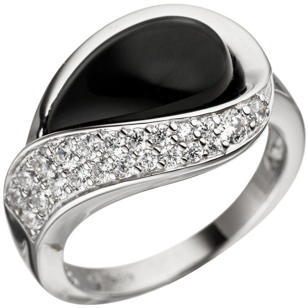Schmuck Krone Silberring Ring Damenring mit Zirkonia weiß & Onyx schwarz 925 Silber Silberring Onyxring, Silber 925