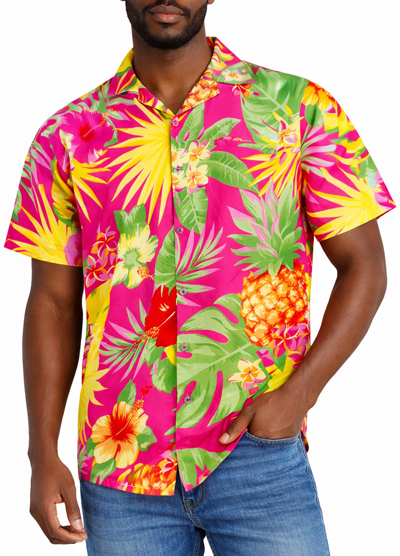 King Kameha Hawaiihemd "Pineapple" Funky Hawaii-Hemd Herren Kurzarm Front-Tasche Stylish