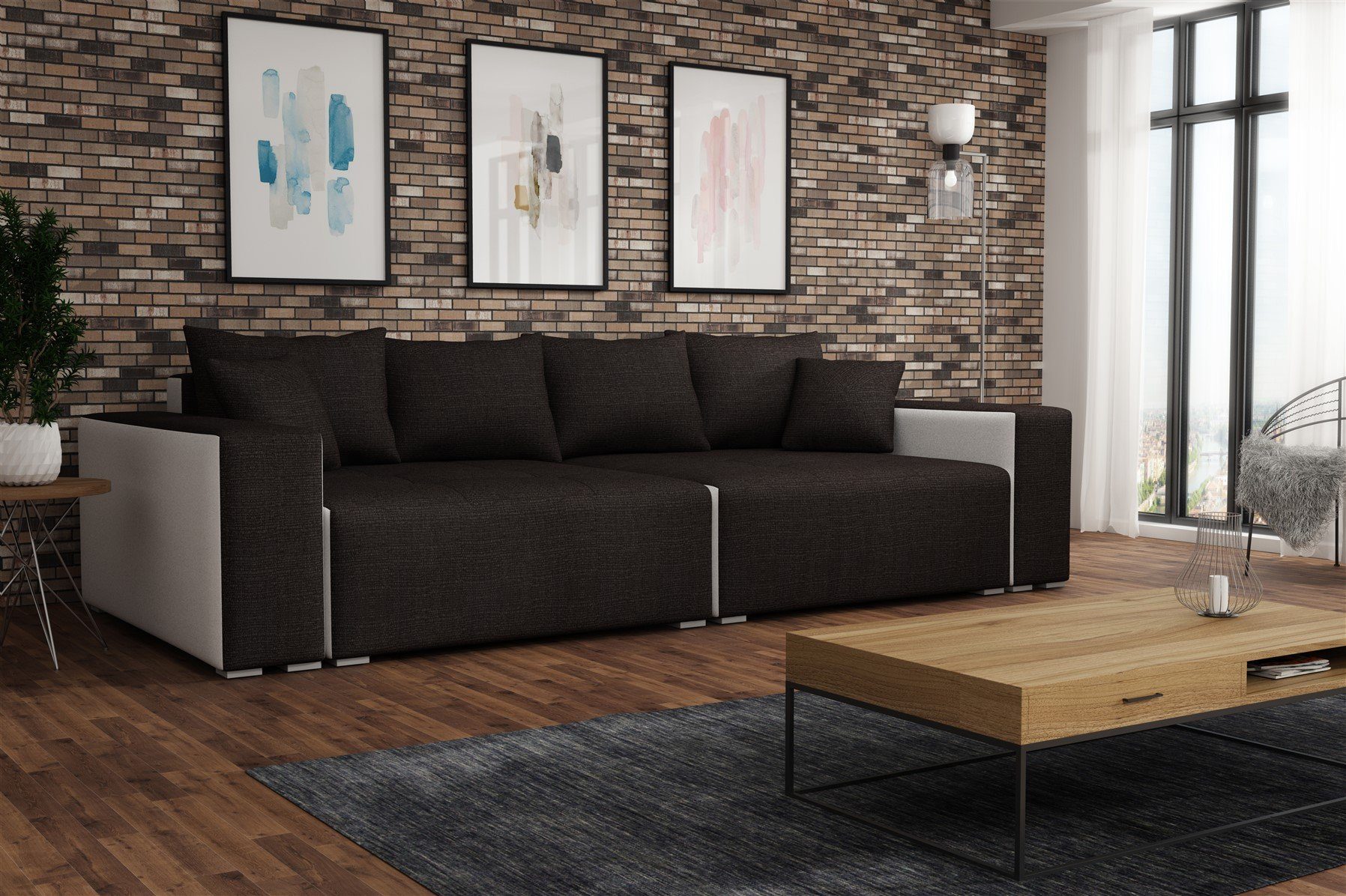 und Megasofa Zierkissen Teile, mit und Bettkästen, Möbel mit Sofa Schlaffunktion, Weiss-Anthrazit Fun 1 inkl. Couchgarnitur Big-Sofa Big Rückenkissen Schlaffunktion REGGIO