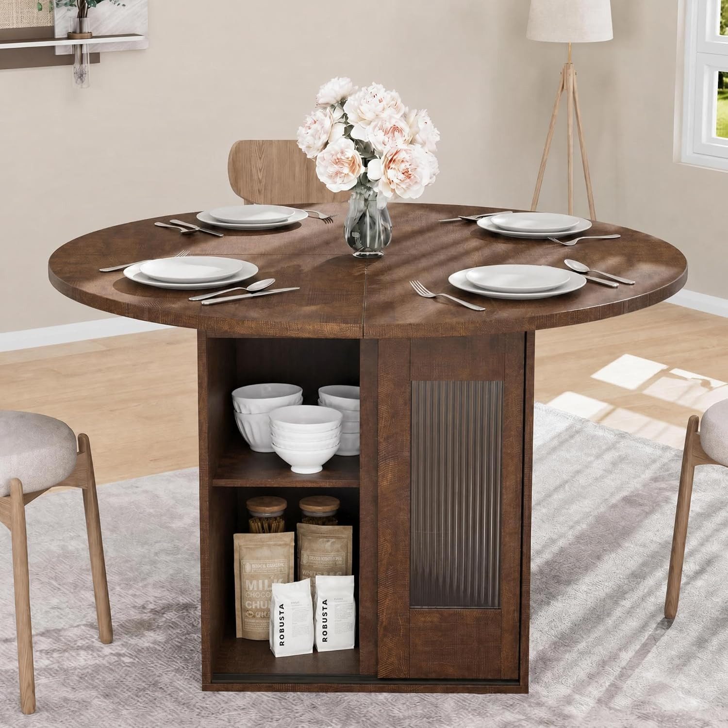 GarveeMore Esstisch Runder Küchentisch mit Stauraum Platz für 4–6 Personen Wohnzimmertisch (1-St), 2-stufiges Regal und Schiebetür für Esszimmer, Küche oder Wohnzimmer