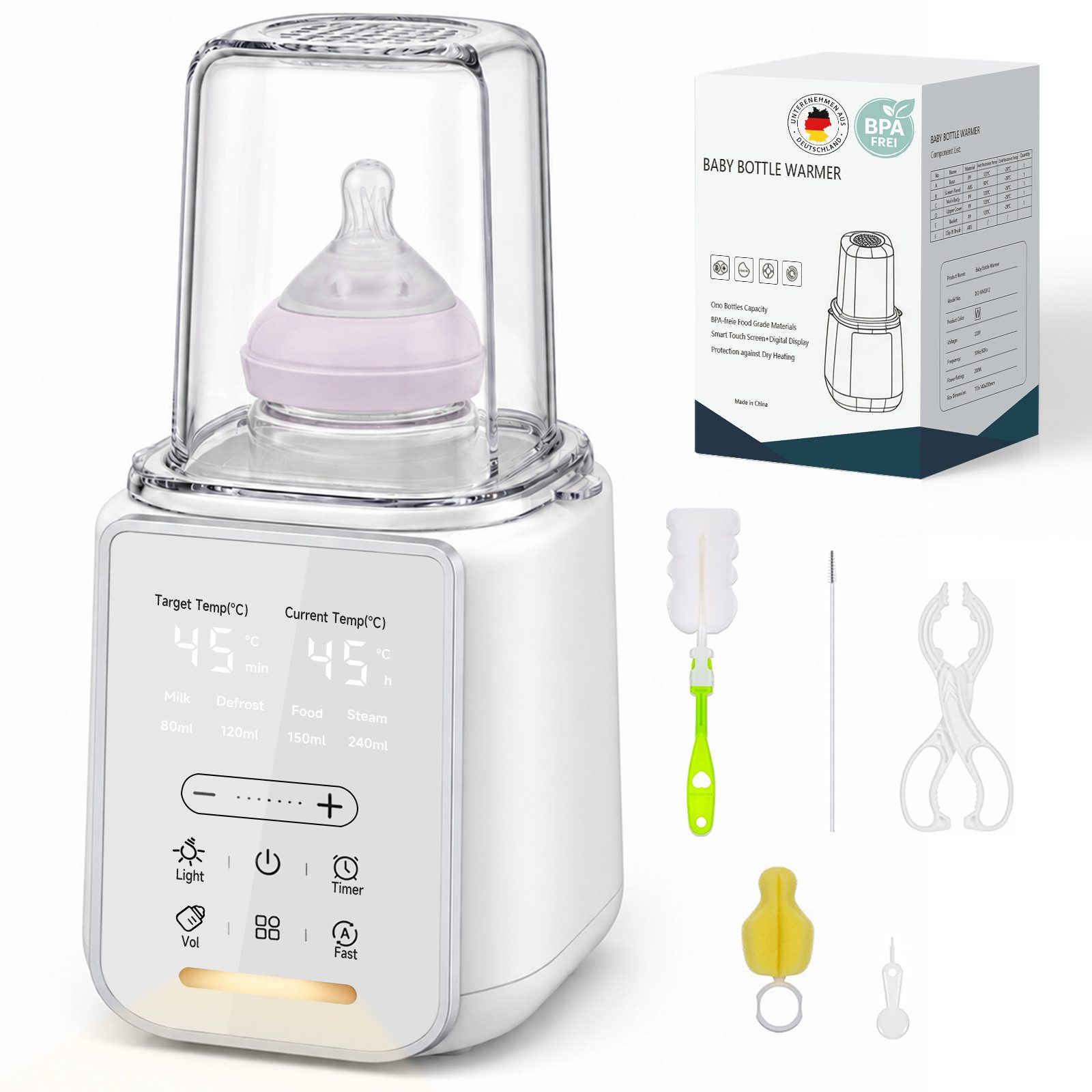 SWGOTA Babyflaschenwärmer 2026 Neuer 9-in-1 Babyflaschenwärmer Sterilisator, NTC, BPA-frei, Für 60–240 ml, 360° Wasserbad, Nachtlicht, 48H Warmhalten, 1–24H Timer