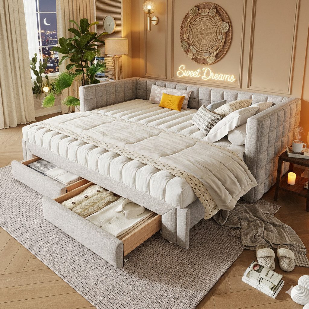 HAUSS SPOLE Schlafsofa 90/180x200cm mit Rückenlehne, ausziehbares Bett, 2 Schubladen, Beige, Luxuriöses Samt Daybett 90x200 cm, ausziehbar auf 180 cm mit quadratischer Rückenlehne und 2 Schubladen., ohne Matratze