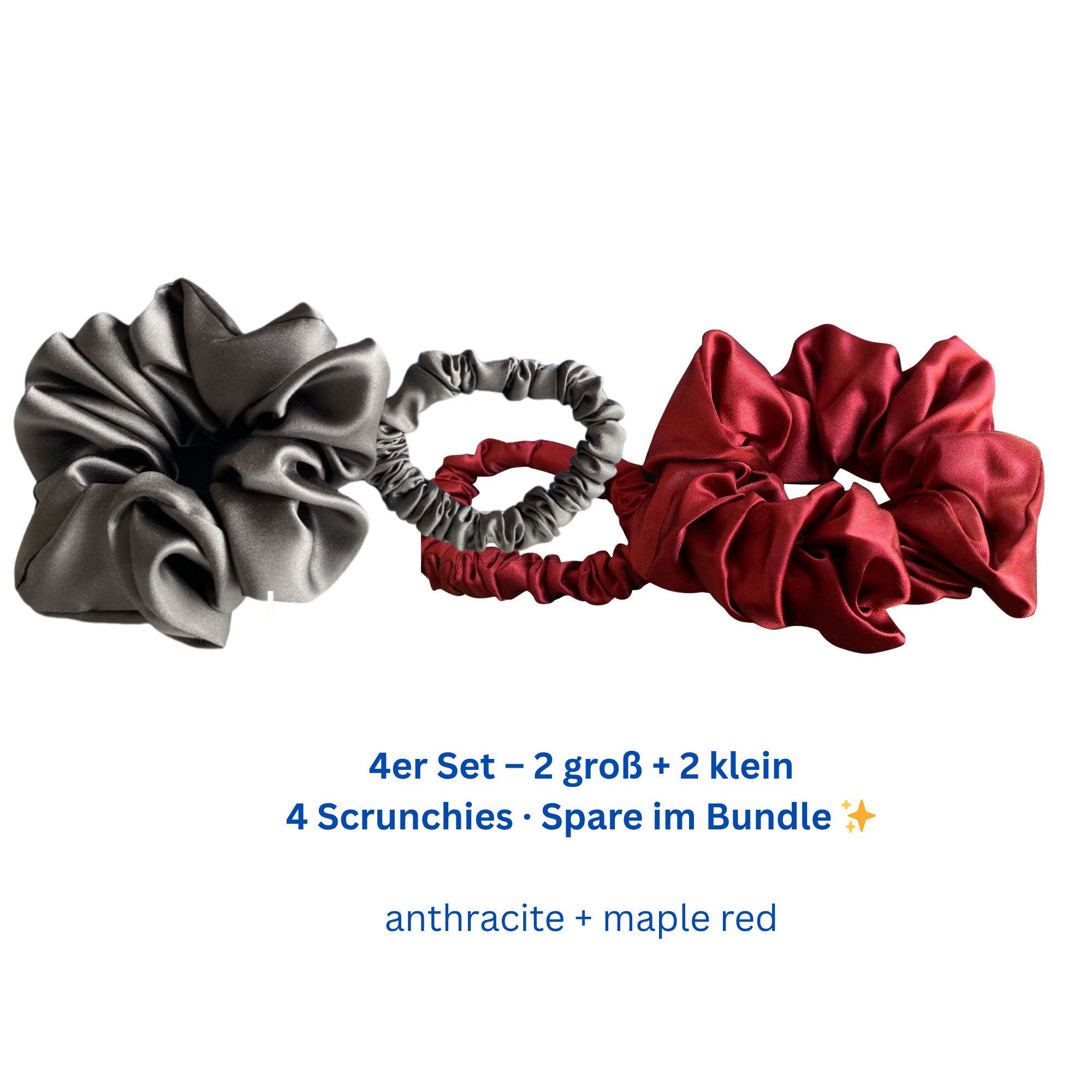 orignee Haargummi Seiden Scrunchies 4er Set, 100% Maulbeerseide, kein Knick,(2×L + 2×S), 4-tlg., 2 Sets – insgesamt 4 Scrunchies (je 1 groß + 1 klein), 100% Maulbeerseide (6A Qualität)